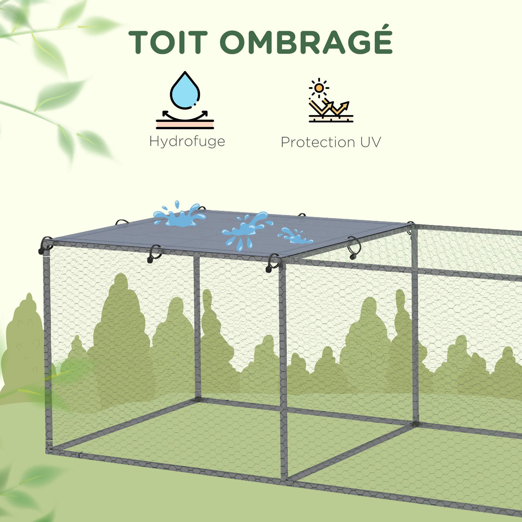 Voir la diapositive 4 : PAWHUT Cage parc enclos poulailler dim. 2,96L x 1l x 0,8H m - espace couvert - ouverture toit verrouillable - acier gris vert