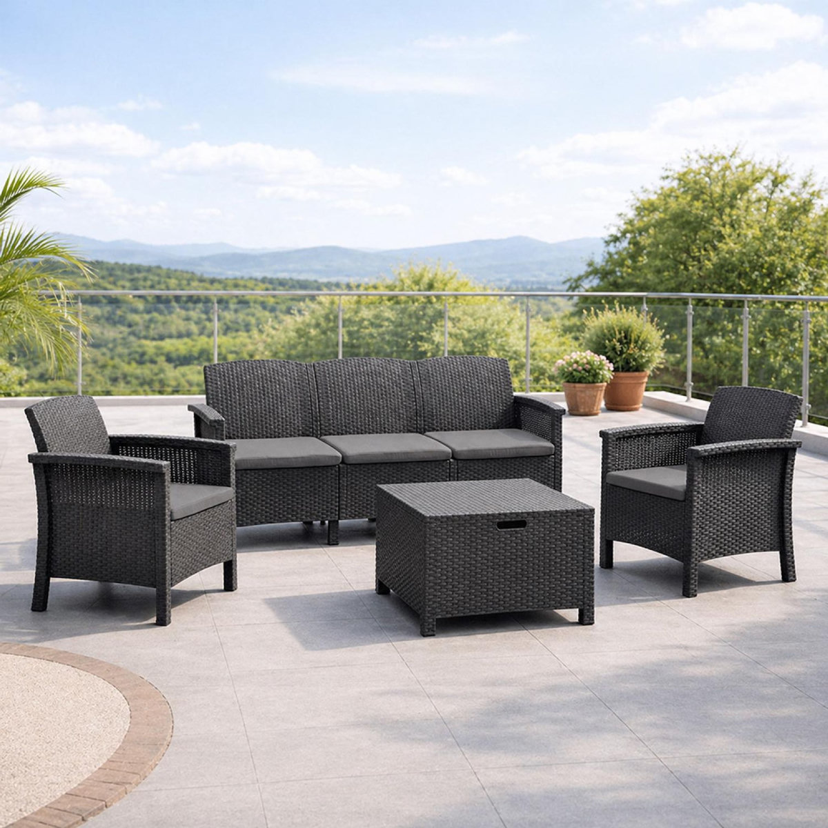 CONCEPT USINE Salon de jardin 5 places effet résine tressée gris anthracite avec table basse MANIZA