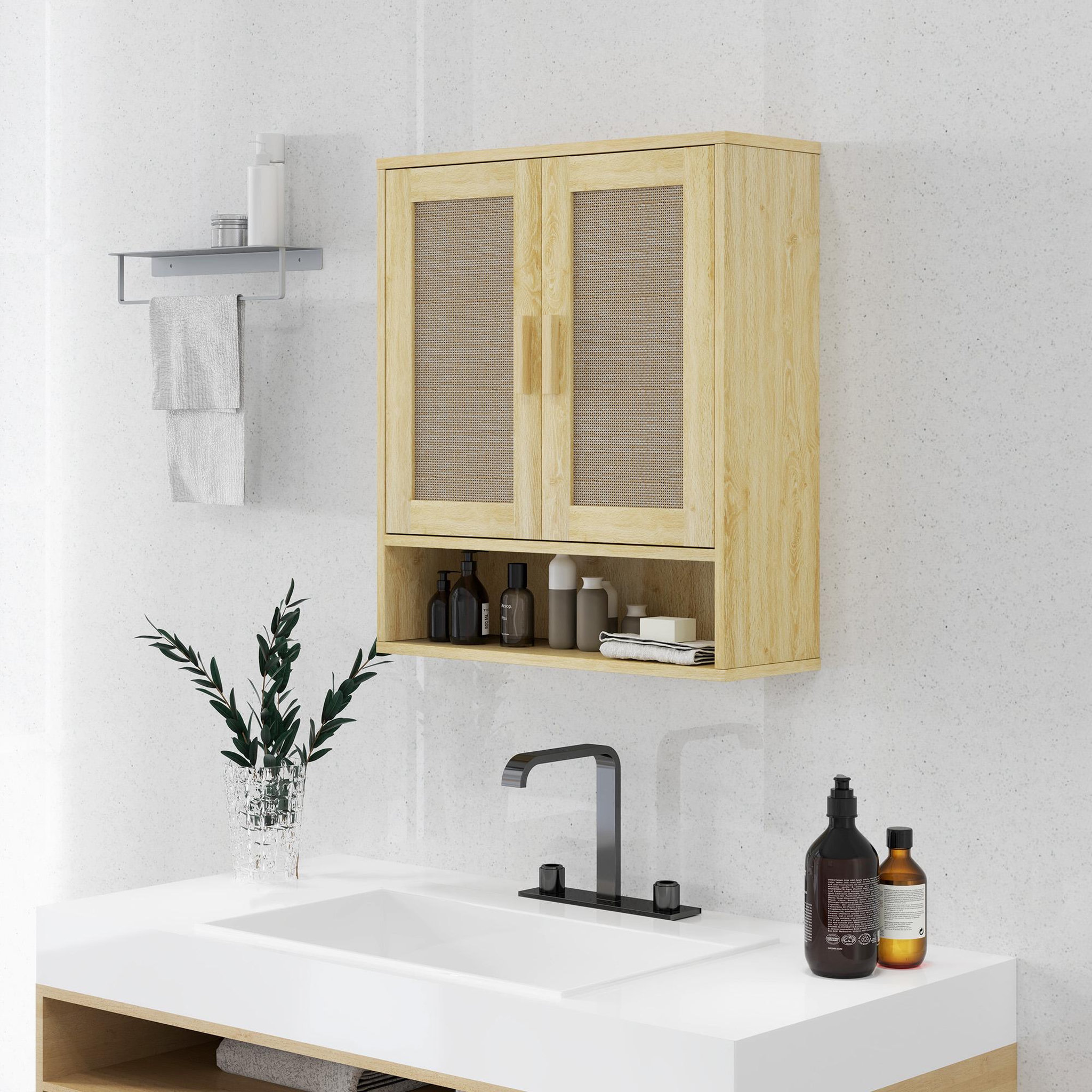 Voir la diapositive 2 : HOMCOM Armoire murale salle de bain wc style bohème - 2 portes, étagère, niche - effet rotin bois clair