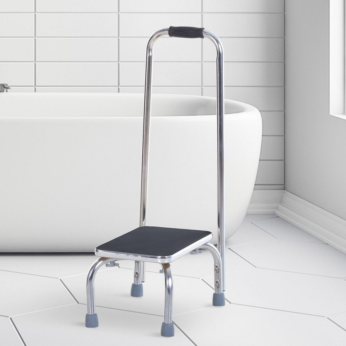 HOMCOM Marche avec barre d'appui - marchepied de sécurité - marche d'accès au bain - plateforme & patins antidérapants - acier galvanisé
