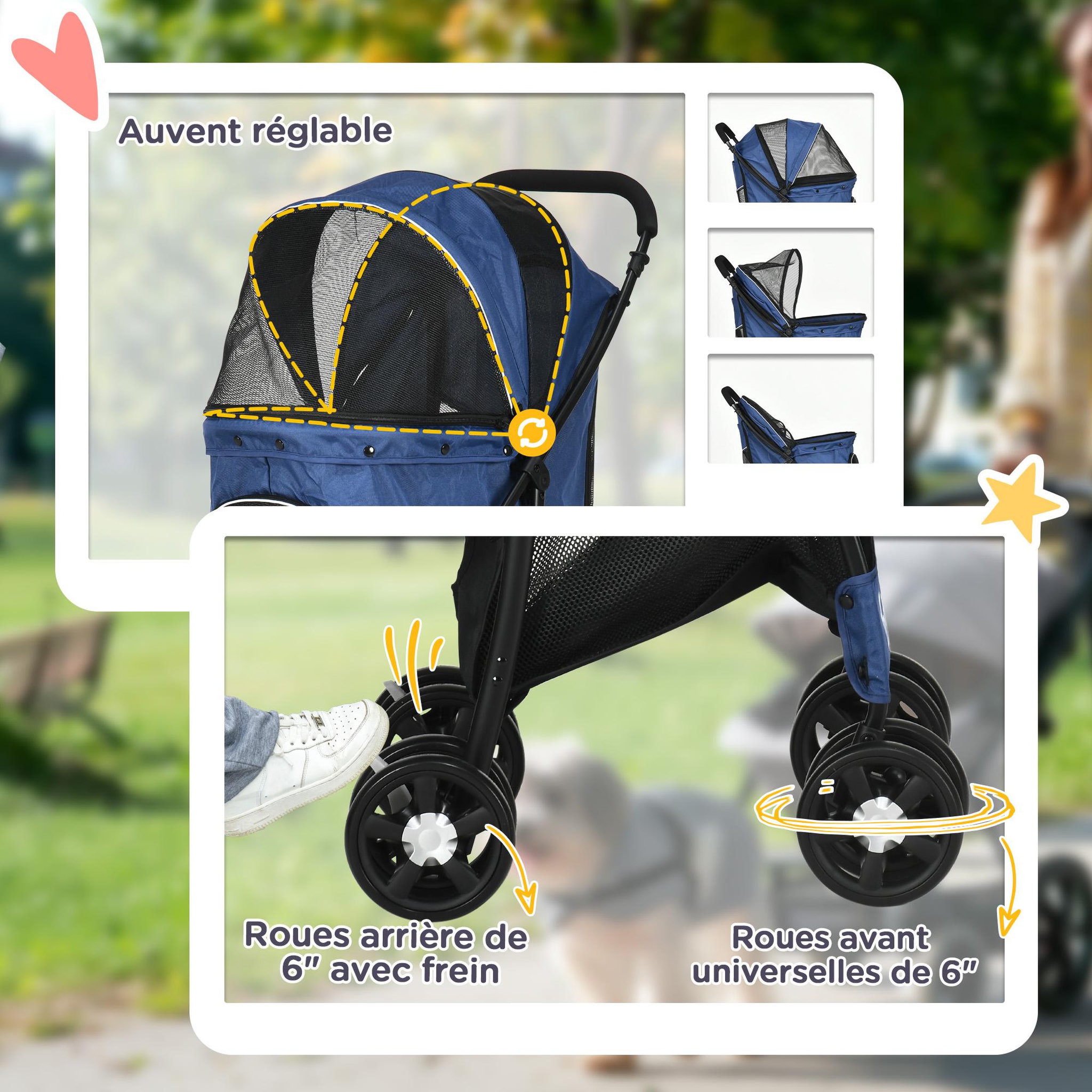 Voir la diapositive 6 : PAWHUT Poussette pliable pour chien chat - 4 roues doubles, 2 freins, attache, coussin inclus - acier Oxford bleu