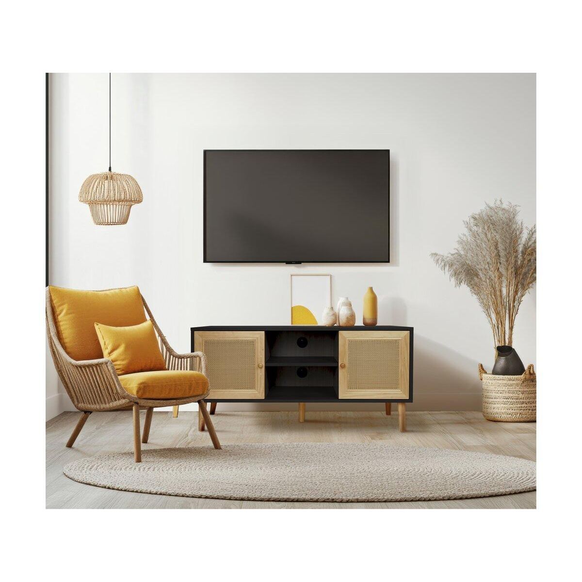 Habitat et Jardin Meuble TV scandinave en cannage  Iguane  - 120 x 30 x 56.5 cm - Noir
