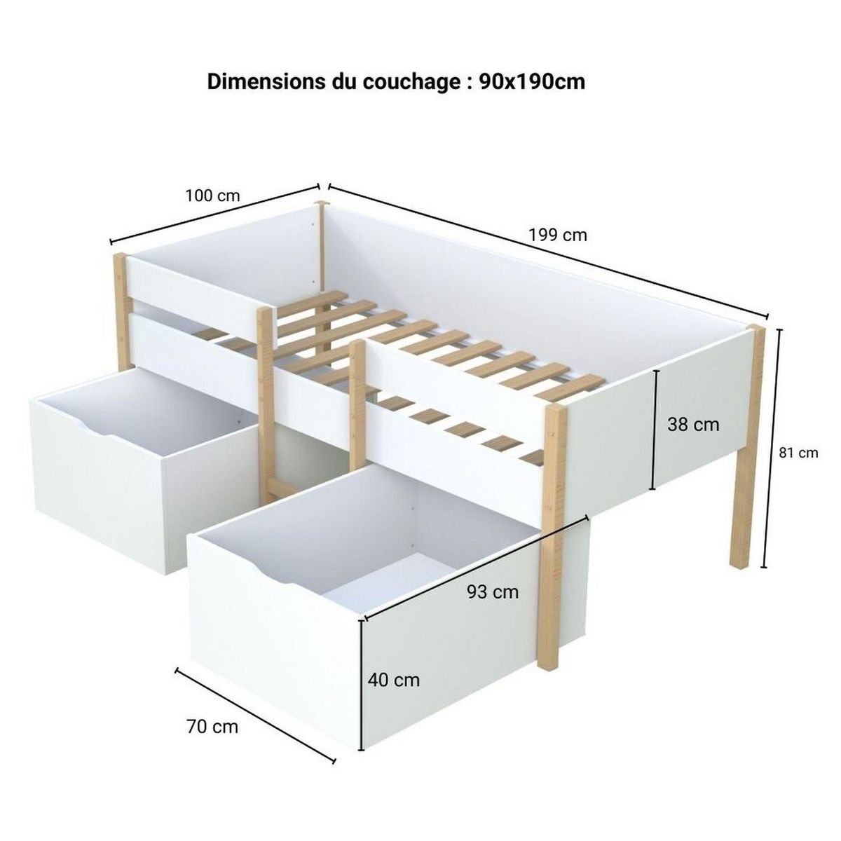 Ensemble Lit enfant mi hauteur 90X190cm avec échelle et 2 tiroirs + sommier ZEPHIR + matelas 90 x190 cm DIONE