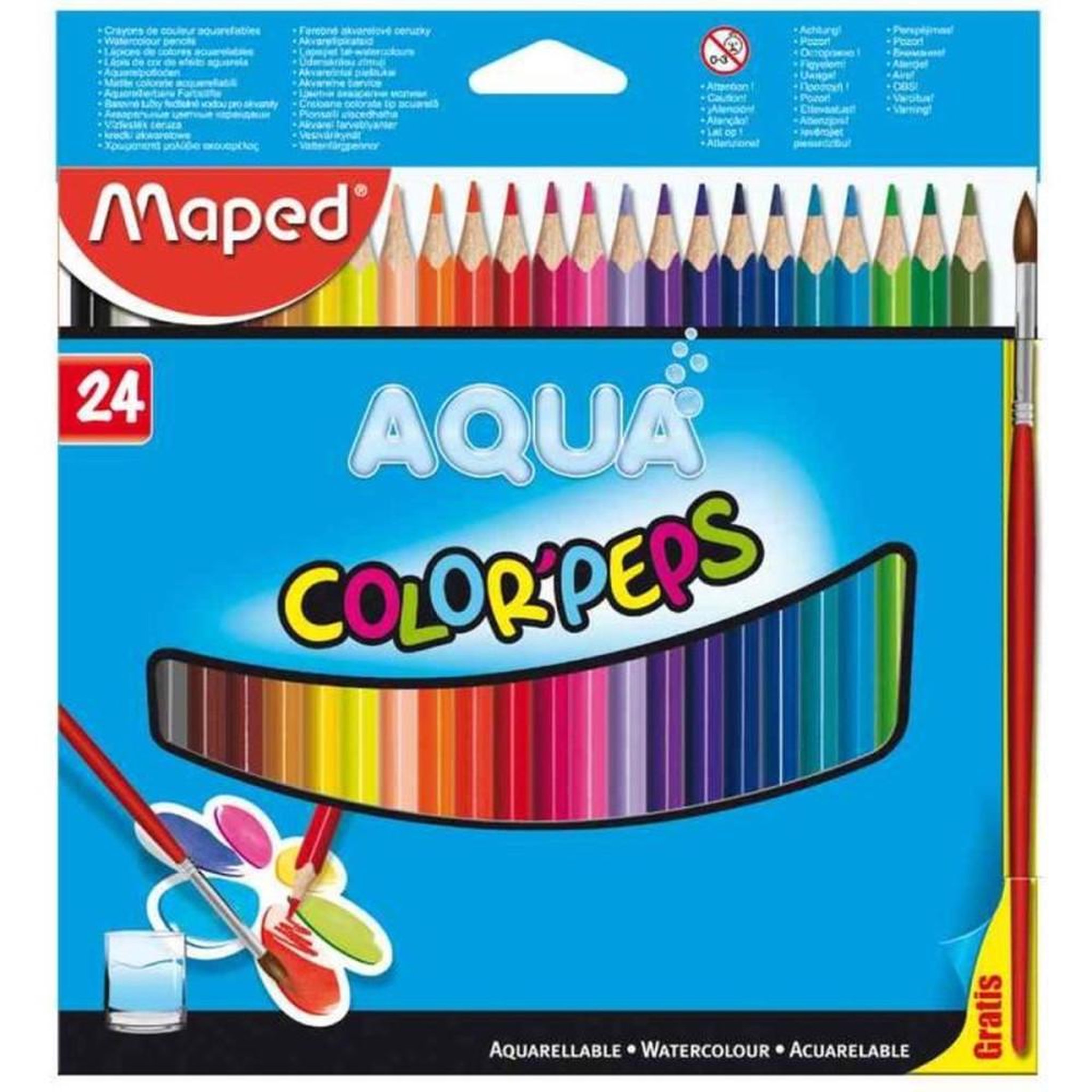 MAPED Crayons aquarellables Color'Peps Aqua 24 couleurs vives, mine triangulaire 2,9 mm