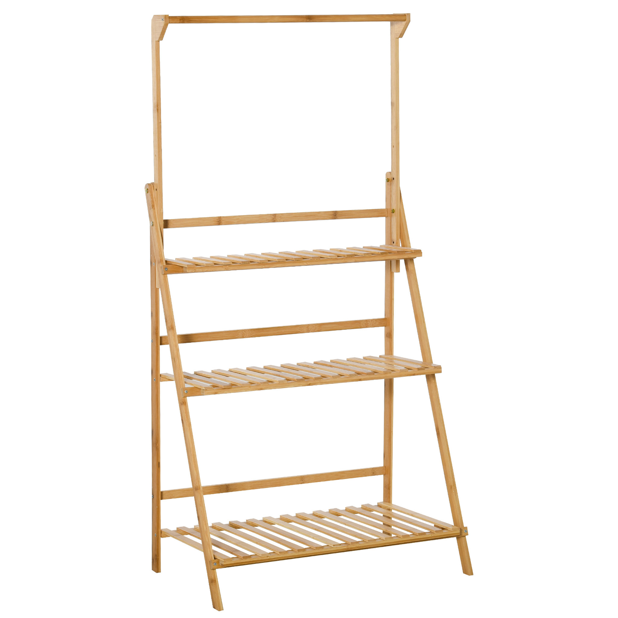 Voir la diapositive 1 : OUTSUNNY Étagère échelle à fleurs en bois de bambou - porte plante bois 3 étagères + barre support pour pots suspendus