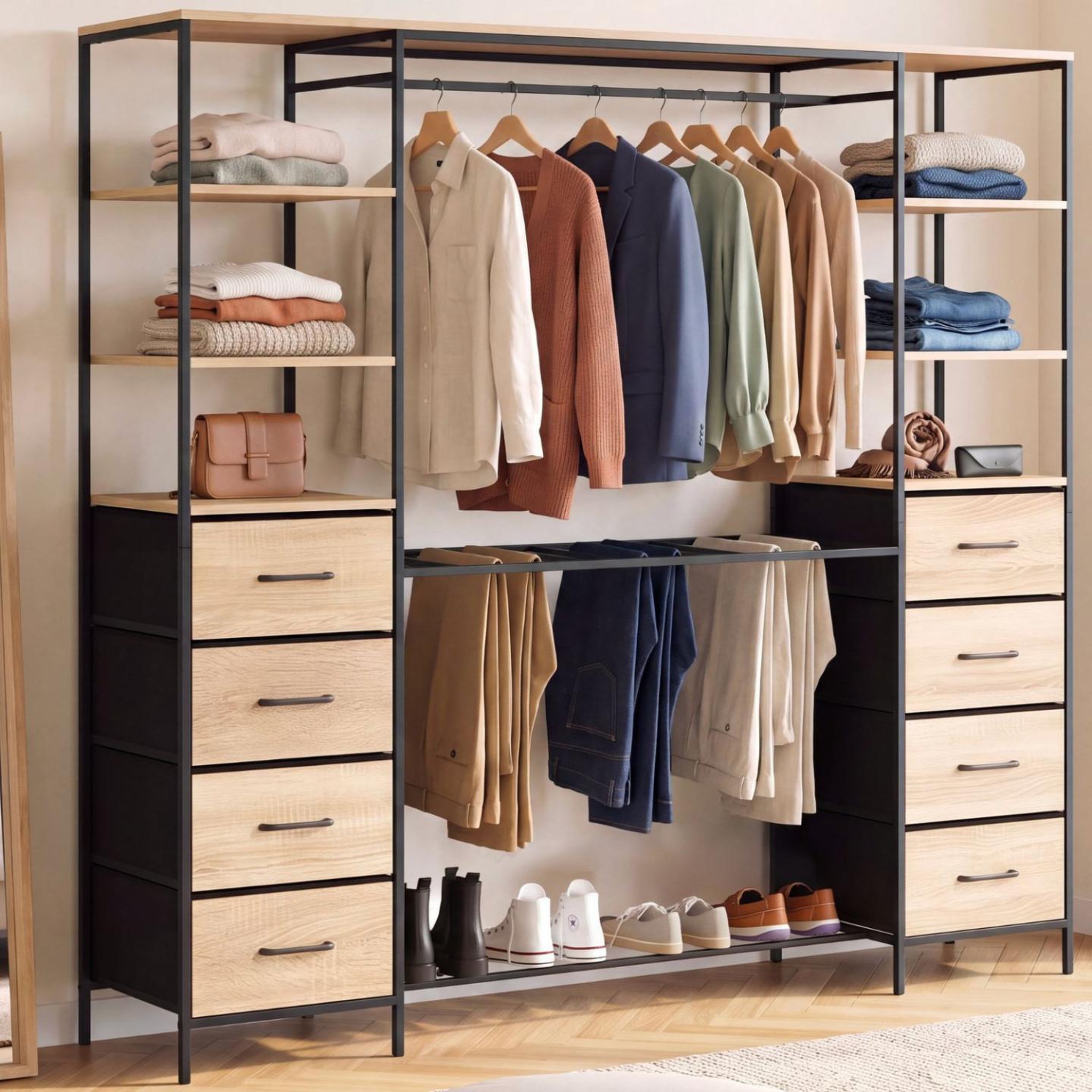 Voir la diapositive 2 : ID MARKET Dressing double xxl utah 180 cm avec porte pantalons, étagères, bacs en tissu et porte chaussures bois et noir