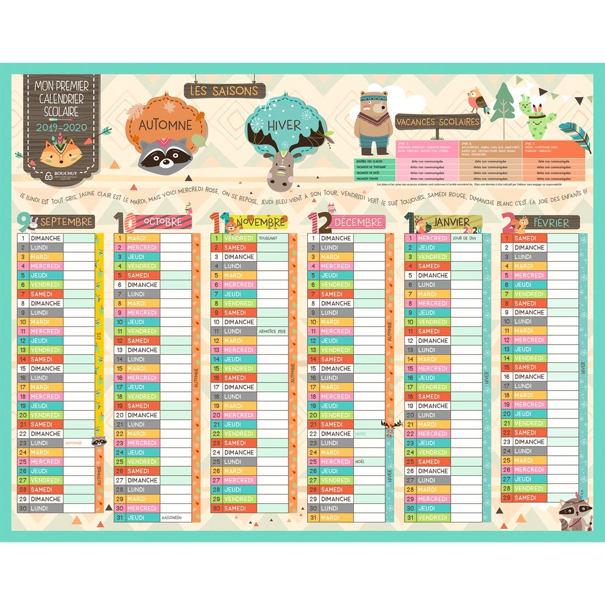  Calendrier scolaire enfant 21x26,5cm grille 2 x 6 mois 2019-2020