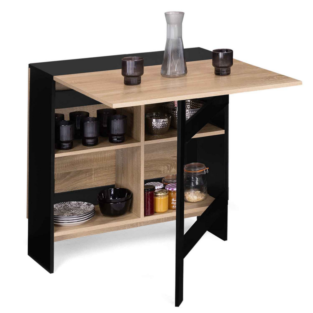 ID MARKET Table console pliable EDI 2-6 personnes avec rangements bois noir plateau façon hêtre 150 x 80 cm