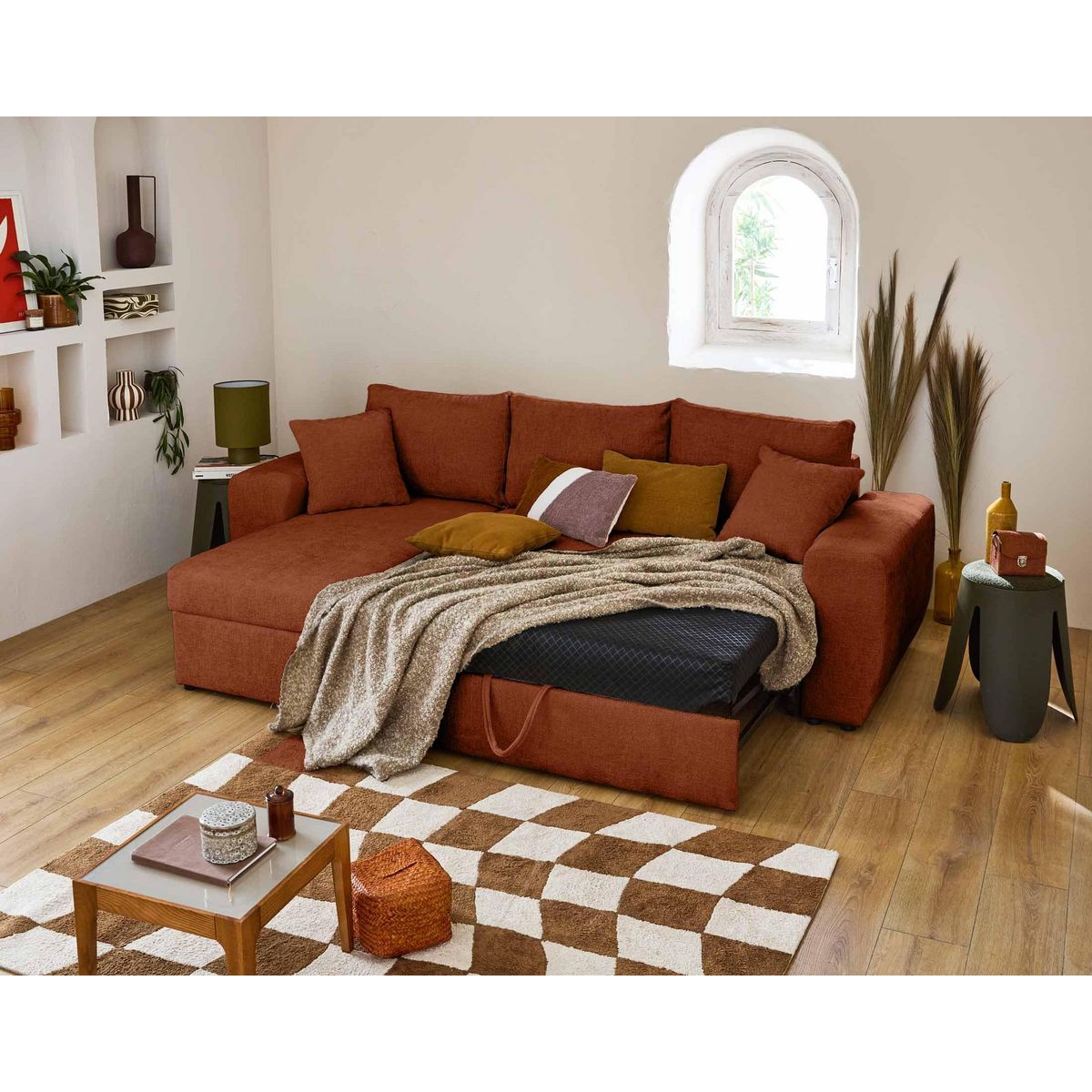 BEST MOBILIER Milan - canapé d'angle réversible 4 places - convertible avec coffre - en velours texturé