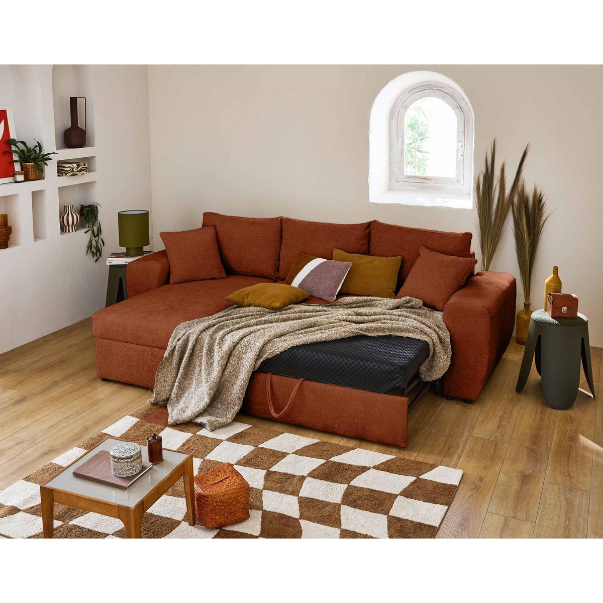 BEST MOBILIER Milan - canapé d'angle réversible 4 places - convertible avec coffre - en velours texturé