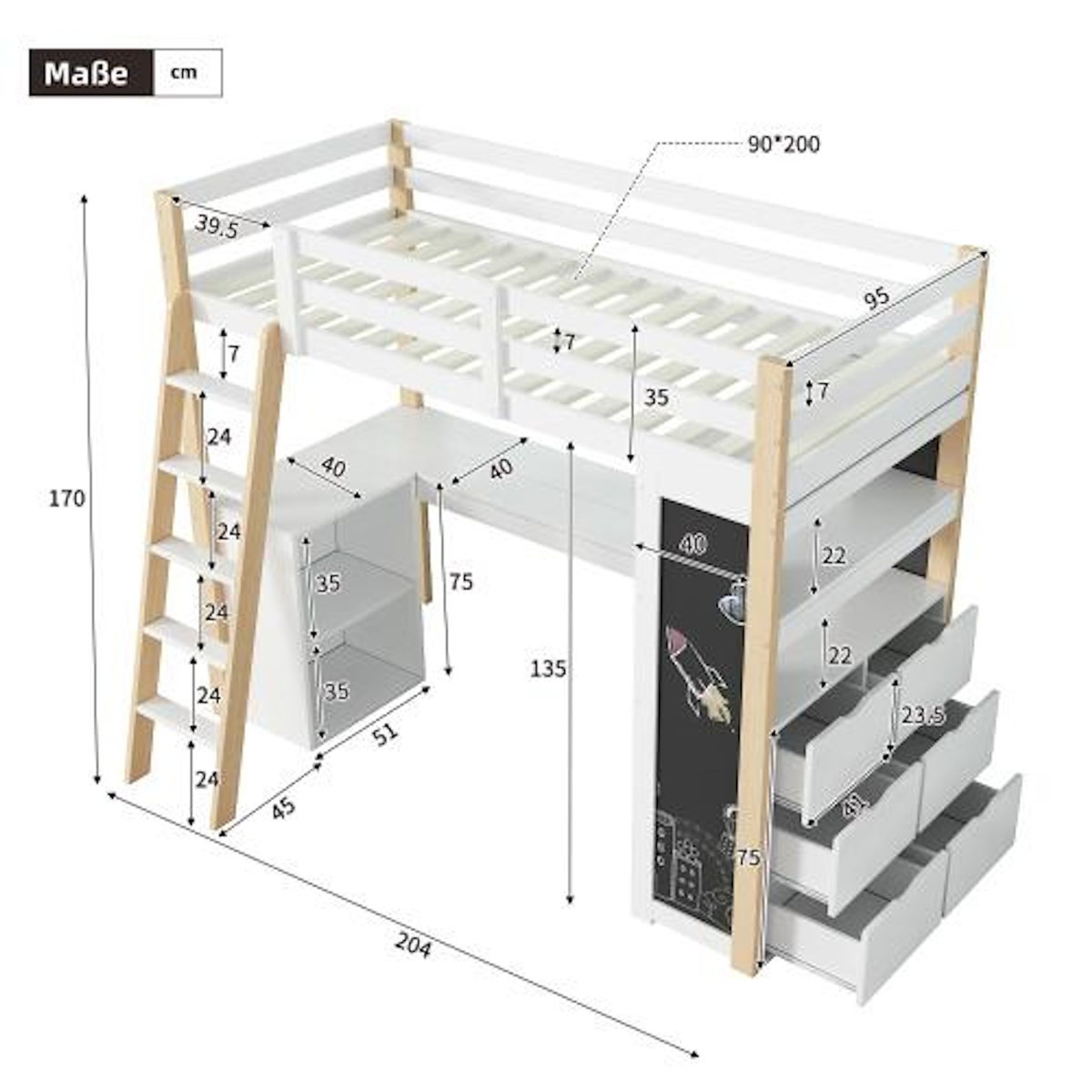 MERAX Lit combiné enfant 90x200 cm coloris blanc+naturel bois massif