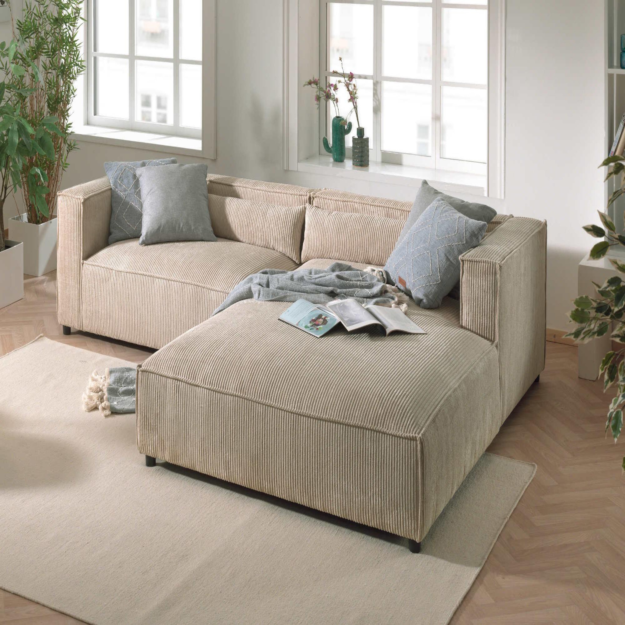Voir la diapositive 2 : BEST MOBILIER Ela - canapé d'angle droit 4 places - en velours côtelé - style contemporain