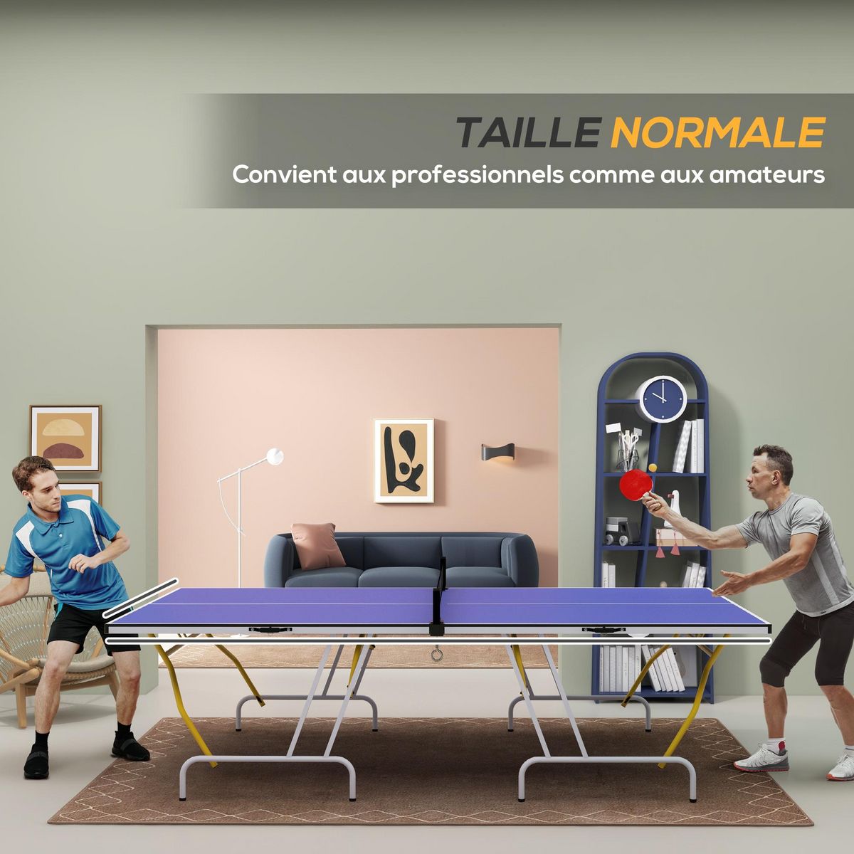 HOMCOM Table de ping pong pliable en 4 - dim. 274 x 152,5 x 76 cm - filet, 2 raquettes, 3 balles inclus - jaune blanc bleu