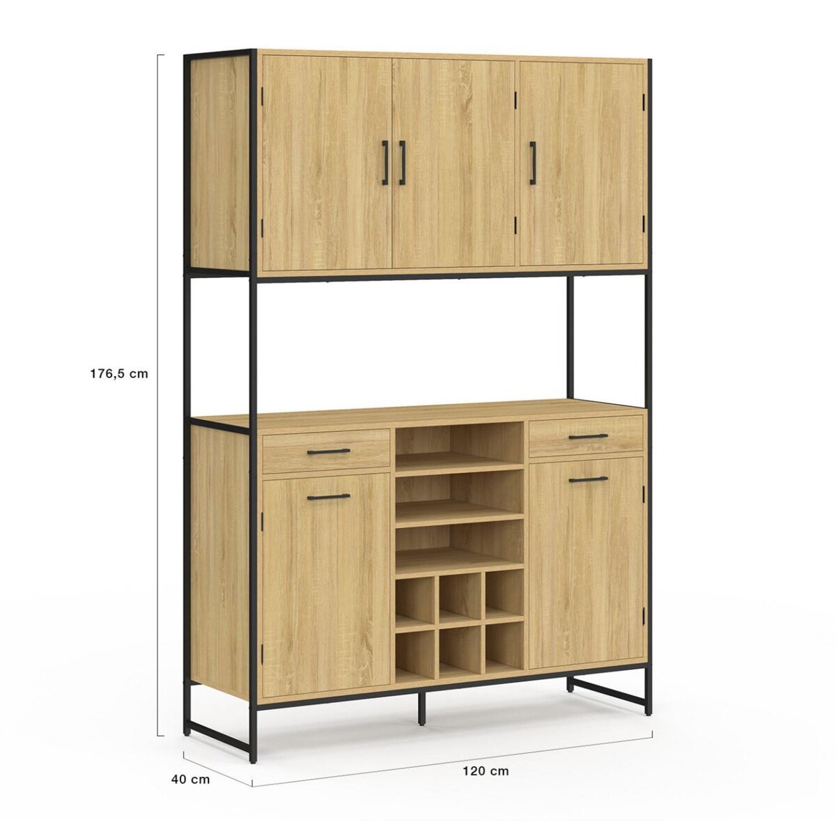 ID MARKET Buffet de cuisine 120 CM DETROIT 5 portes + tiroirs + range-bouteilles design industriel