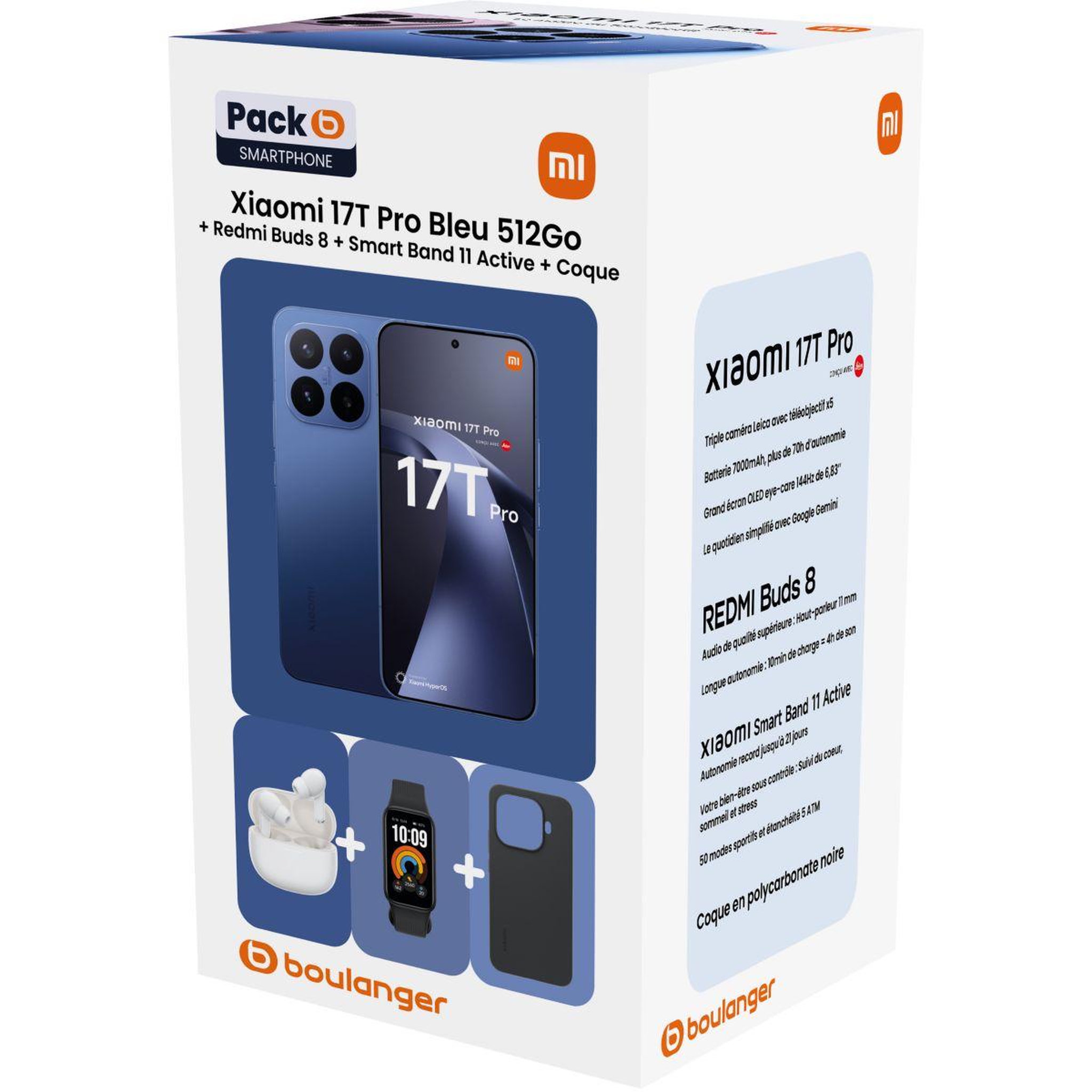 Voir la diapositive 2 : XIAOMI Smartphone Pack 17T Pro Bleu 512Go 5G + Redmi Buds8 blanc + Smart Band 11 Active Noir bracelet connecté + Coque