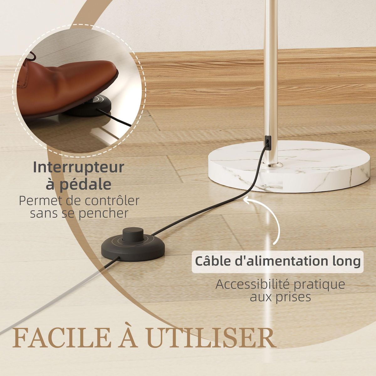 HOMCOM Lampadaire arc design néo-rétro H.180 cm piètement marbre blanc abat-jour plastique effet transparence orange