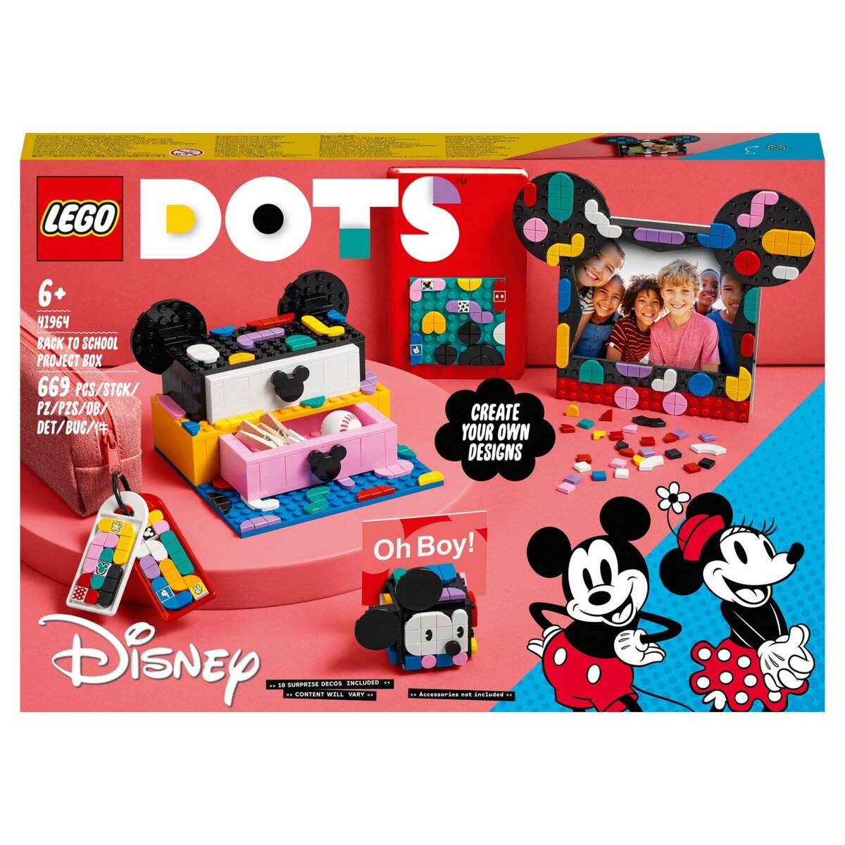 LEGO Dots 41964 Boîte créative La rentrée de Mickey et Minnie, 6 en 1, Rangement, Cadre Photo, Porte-clés, Bloc-notes, Fournitures Scolaires