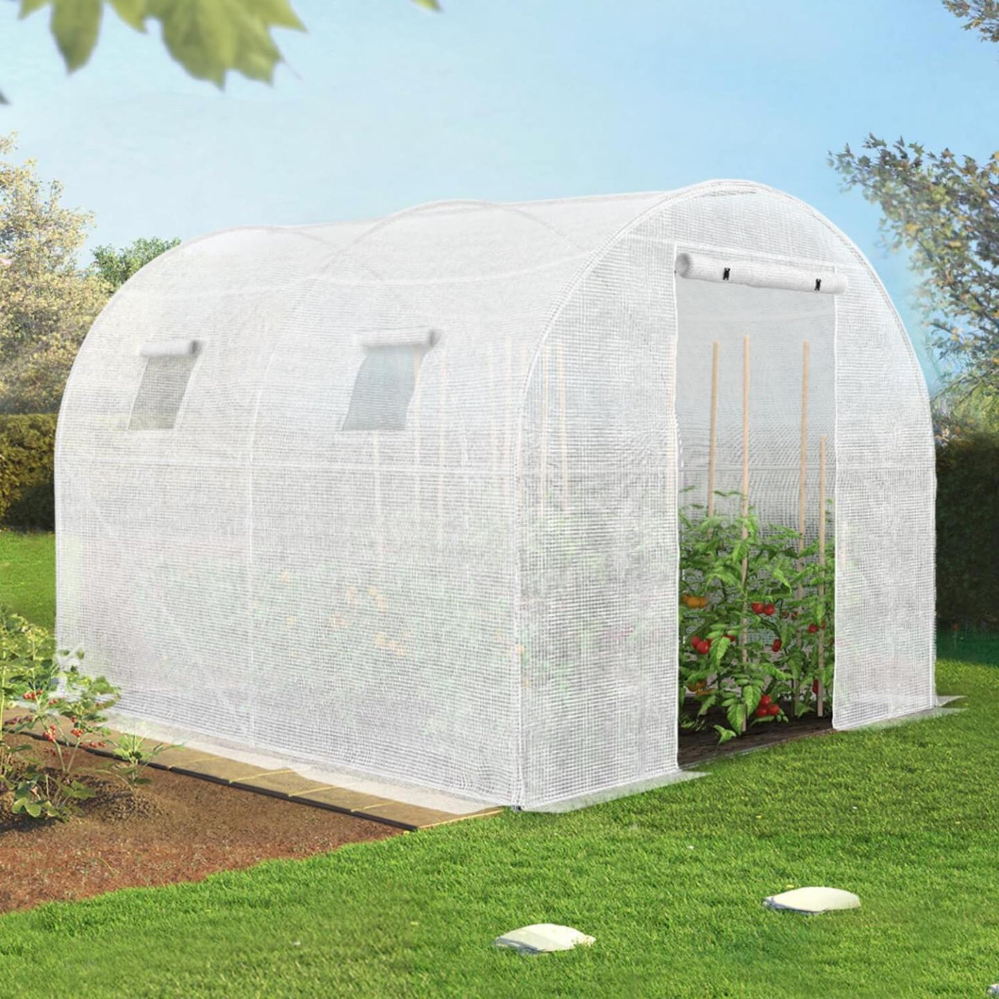 Voir la diapositive 2 : ID MARKET Serre de jardin tunnel 6m² 3 x 2 x 2 m acier galvanisé + bâche anti-UV avec porte et fenêtres ROMA blanche