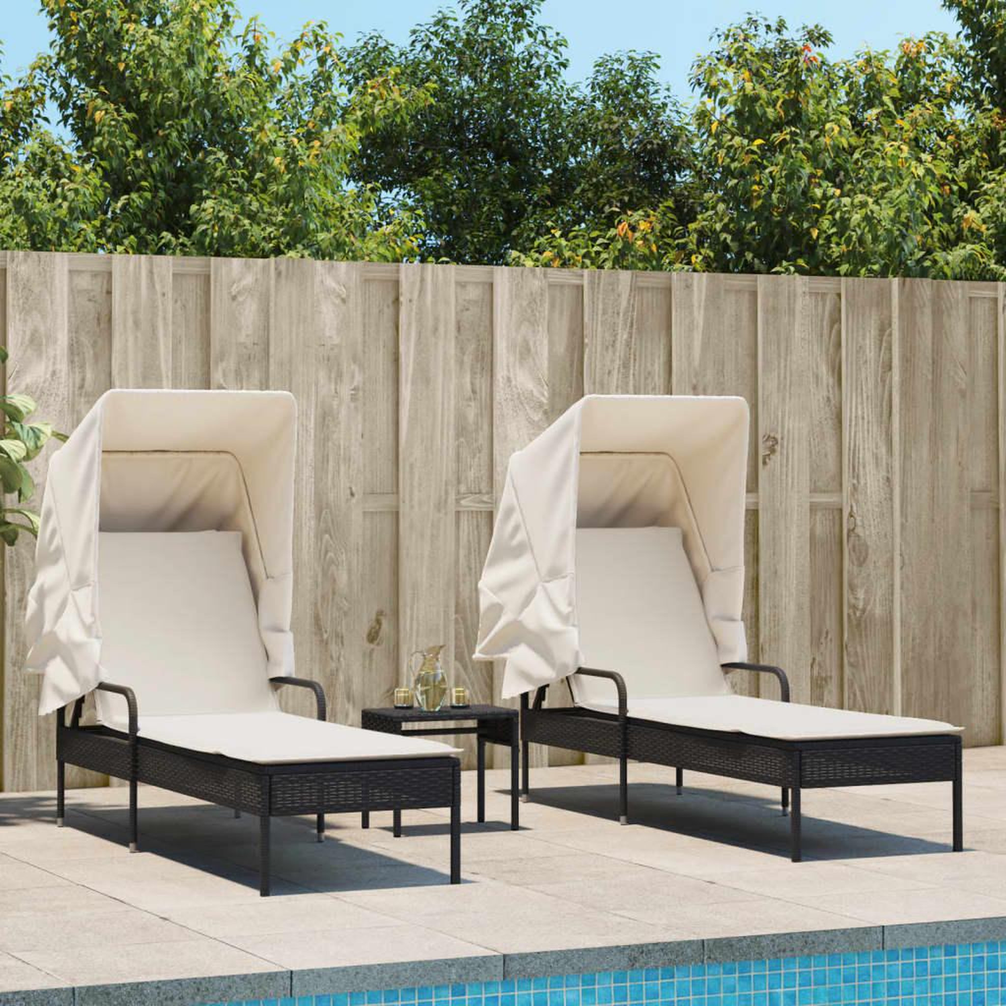 VIDAXL Chaises longues lot de 2 avec auvents et table noir poly rotin