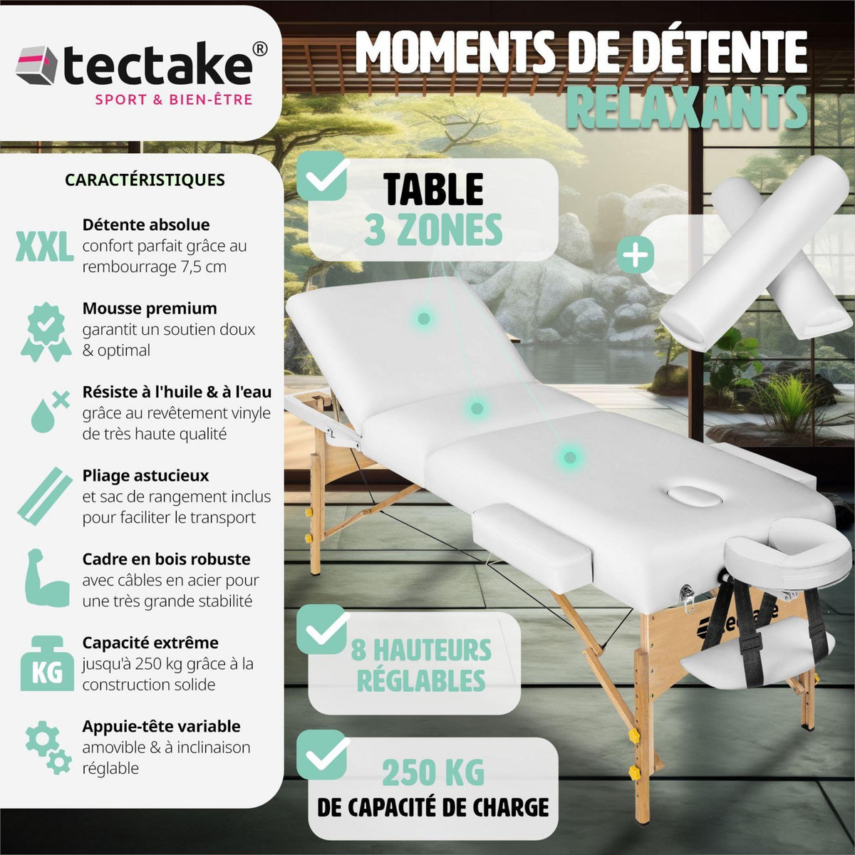 tectake Ensemble de table de massage à 3 zones Somwang avec rembourrage de 7,5 cm d'épaisseur, rouleaux et cadre en bois