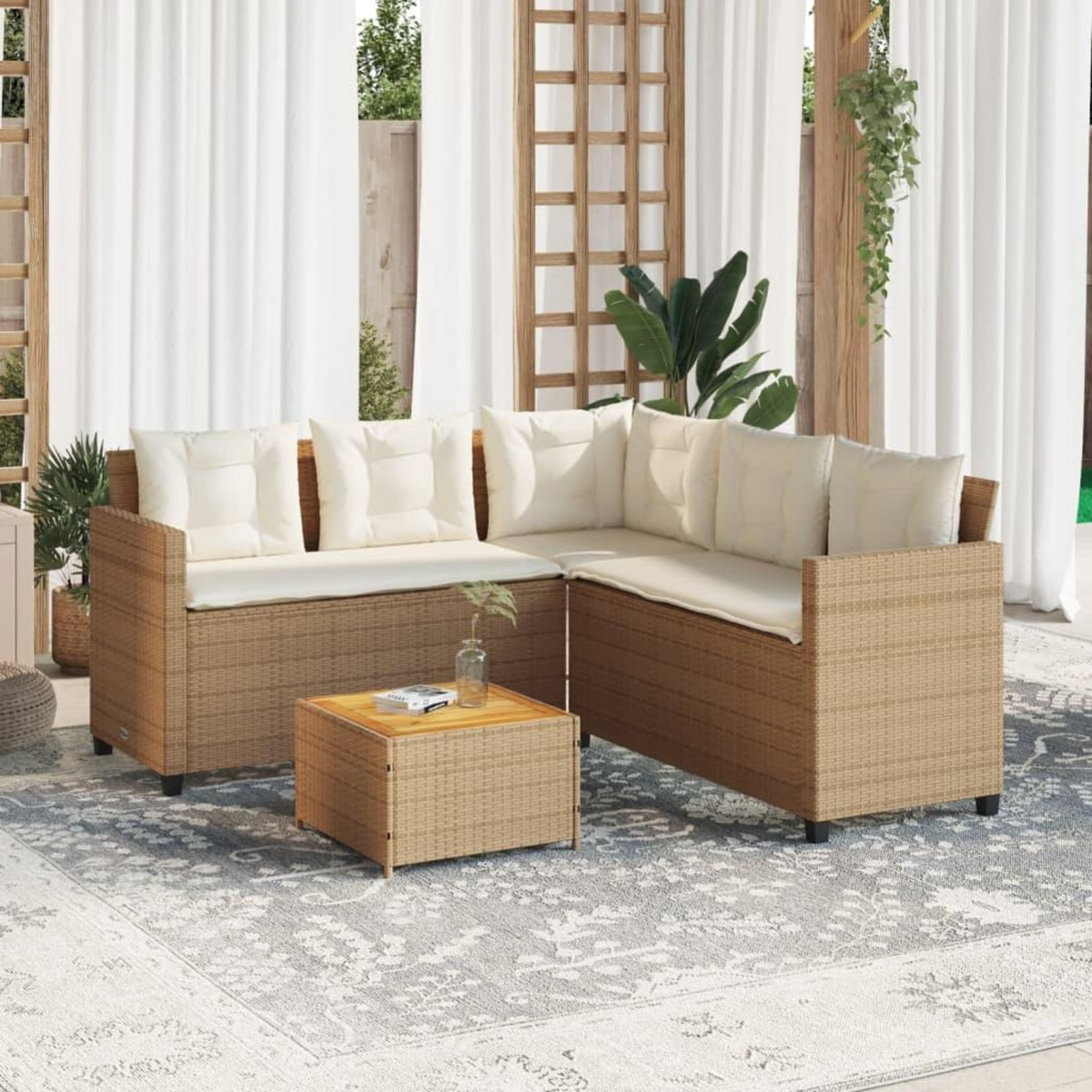 VIDAXL Canape de jardin avec table et coussins en forme de L beige