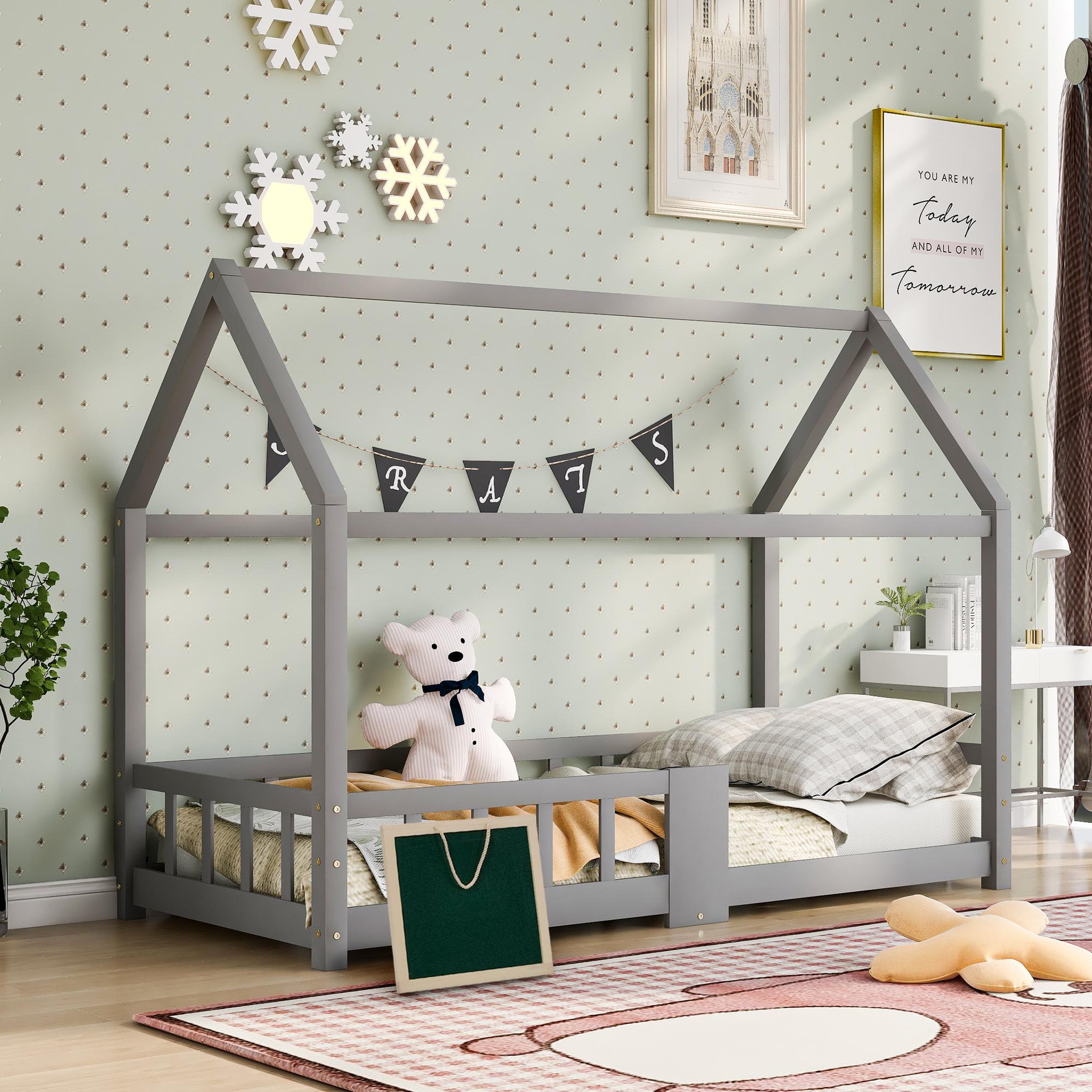 Voir la diapositive 2 : MERAX Lit cabane enfant 90 x 200 cm avec sommier