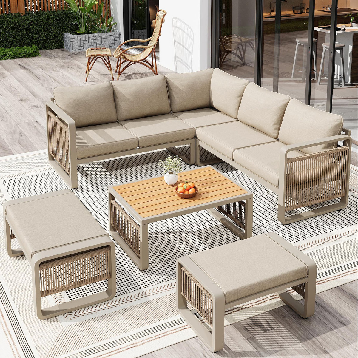 MERAX Salon de jardin 7 places en métal avec canapé d'angle, table basse et 2 repose-pieds