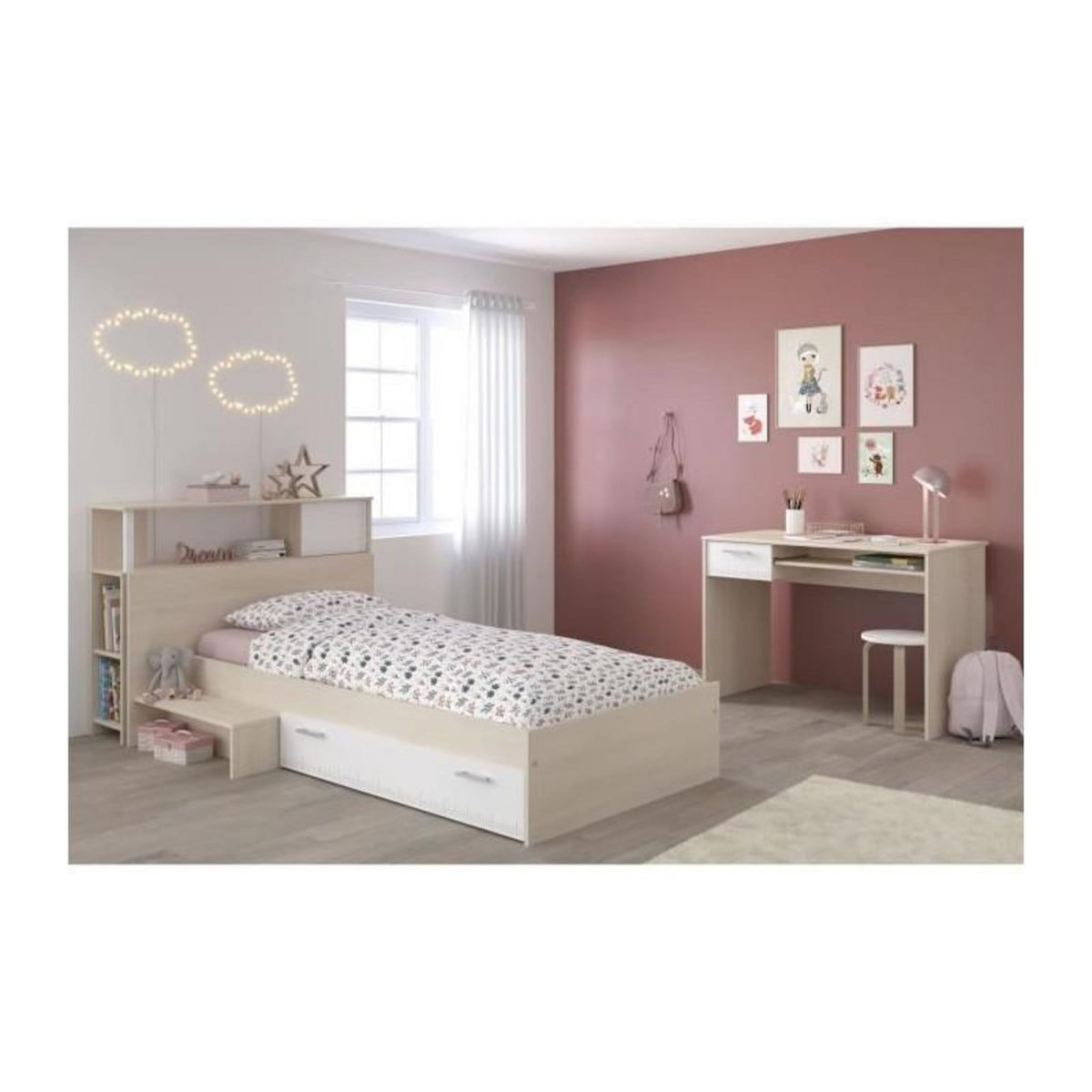 PARISOT PARISOT Chambre enfant complete Tete de lit + lit + bureau - Style contemporain - Decor acacia clair et blanc - CHARLEMAGNE