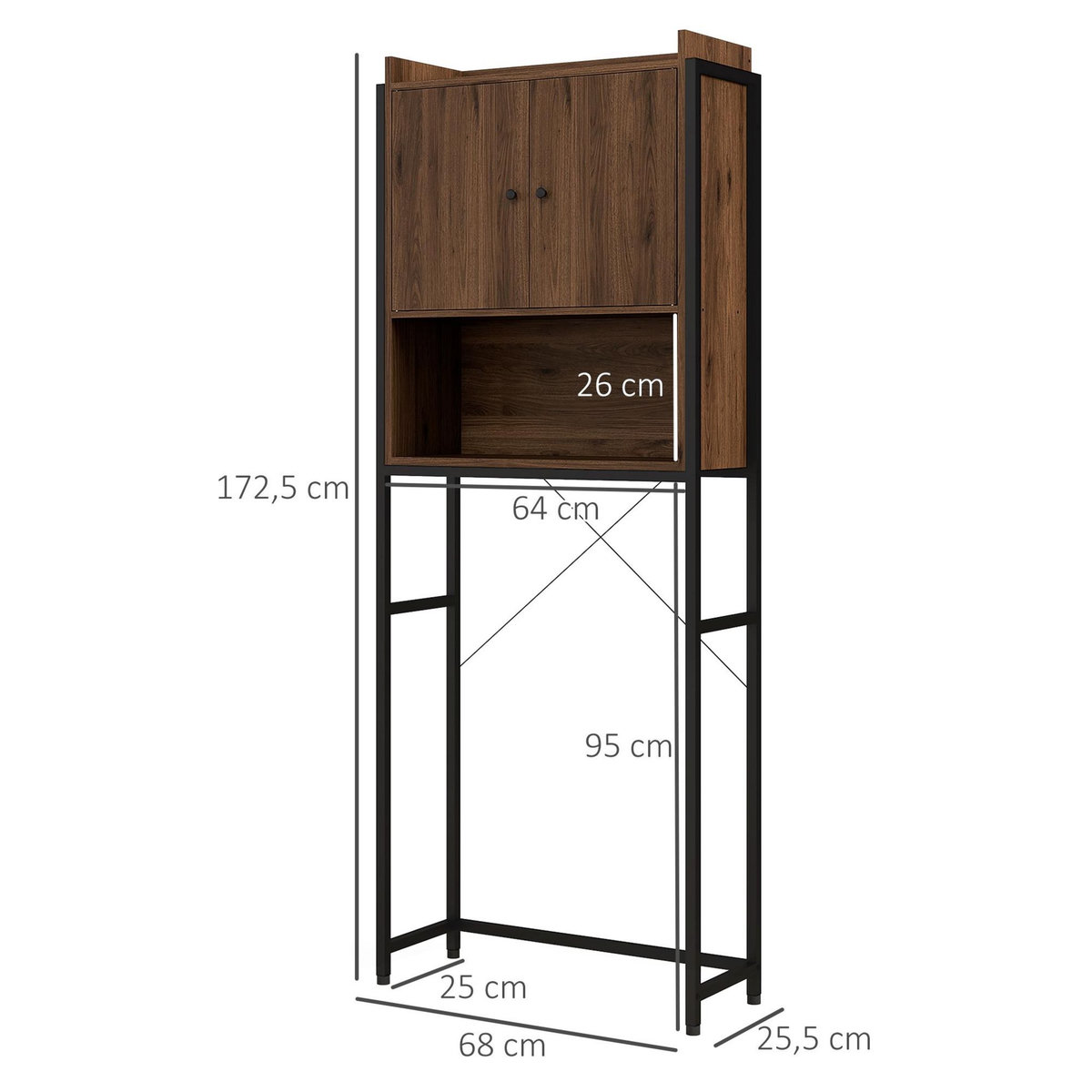 KLEANKIN Meuble WC meuble dessus toilettes style industriel 2 portes avec étagère niche acier noir aspect noyer