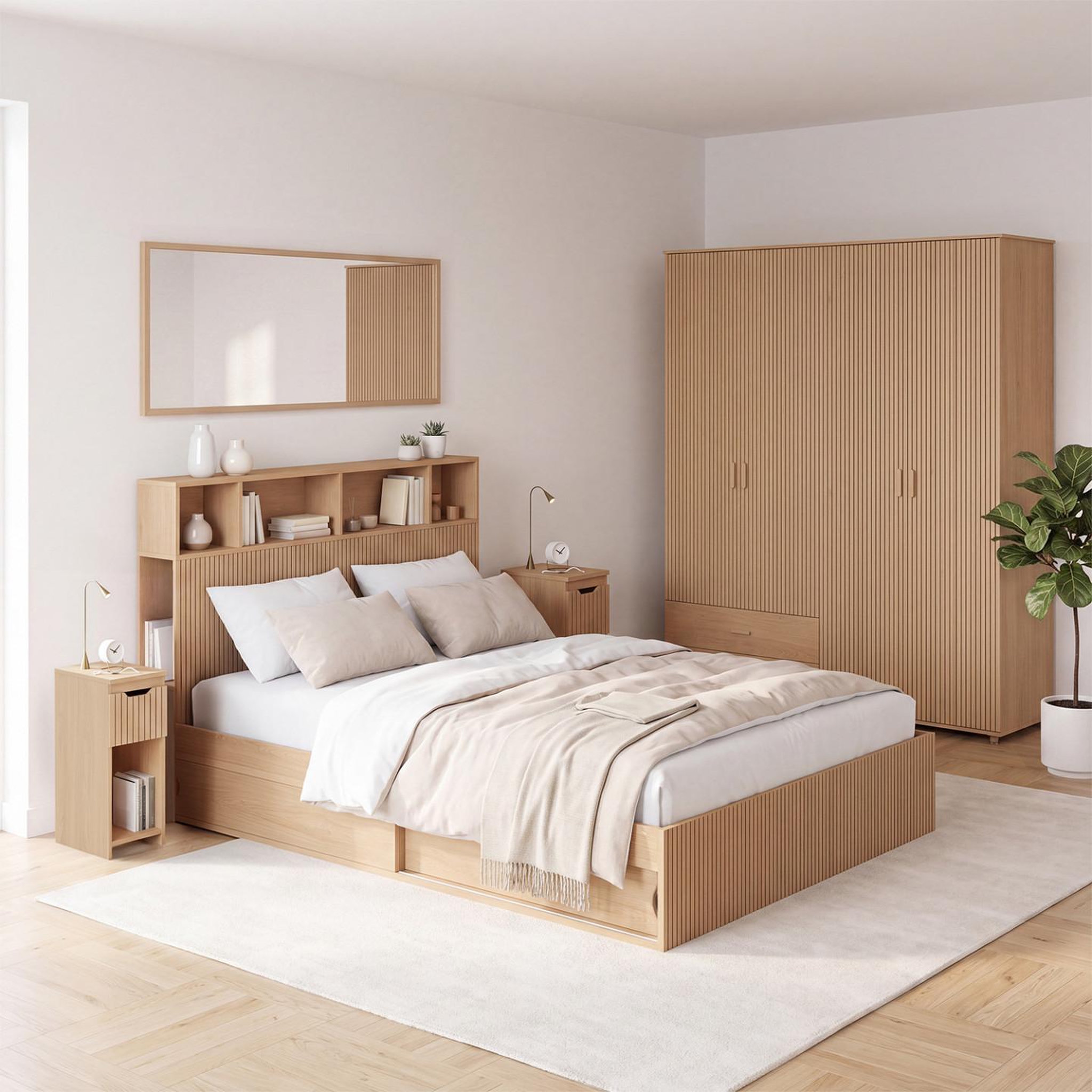 Voir la diapositive 6 : ID MARKET Lit double JULIETTE avec rangements + tête de lit et sommier 140 x 190 cm effet lattes tasseau bois