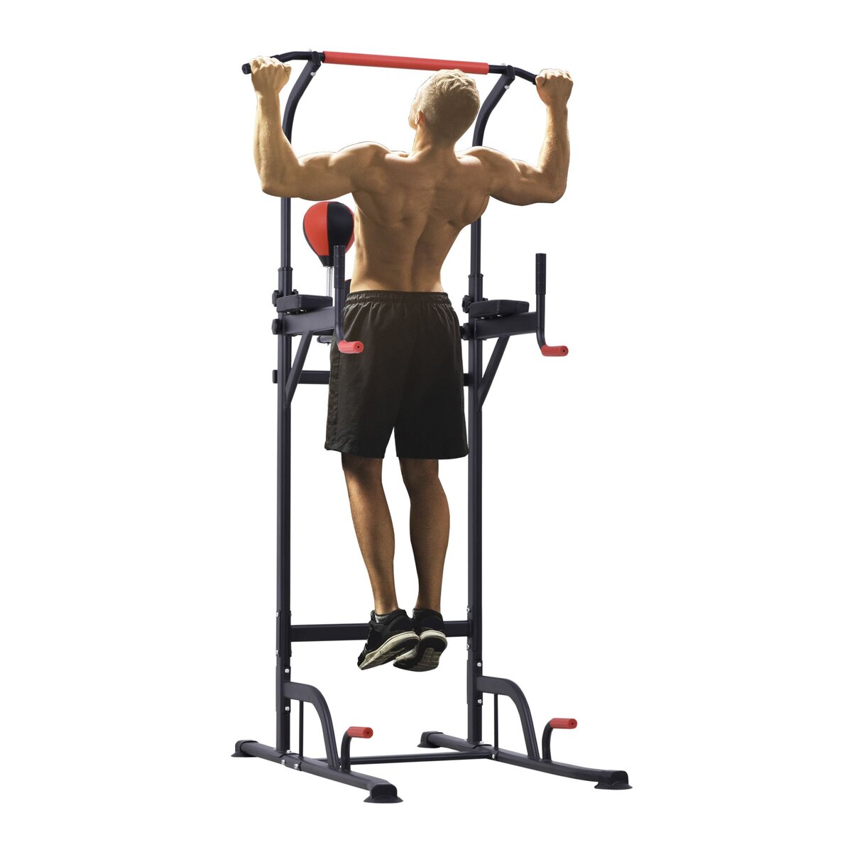 HOMCOM Station de musculation multifonctions barre de traction chaise  romaine hauteur réglable acier noir rouge pas cher 