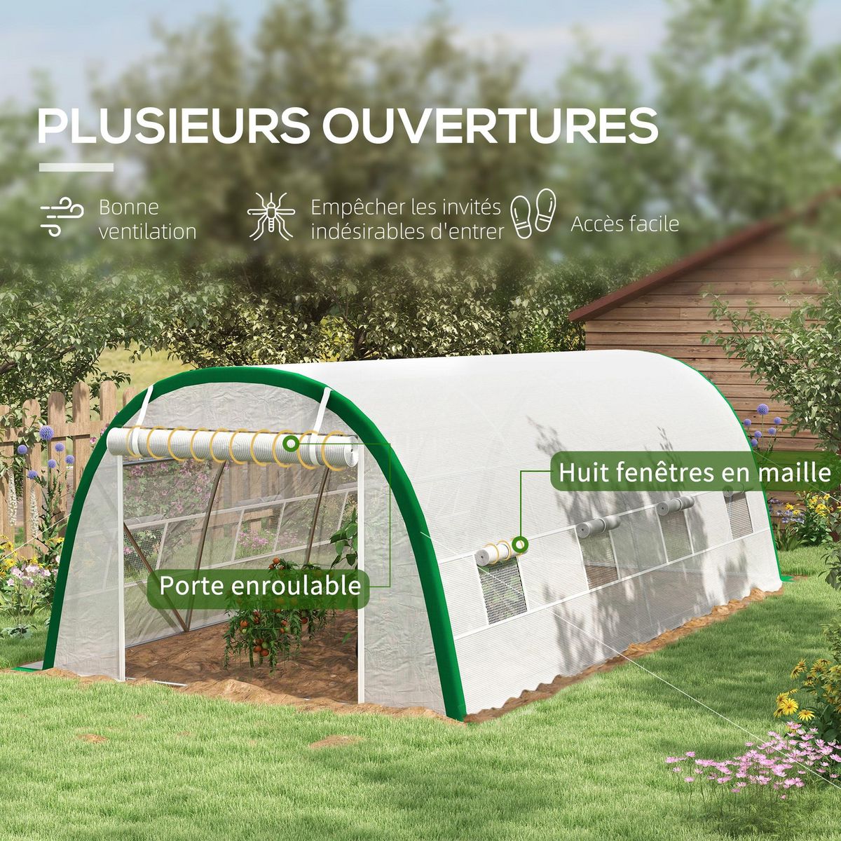 OUTSUNNY Serre de jardin tunnel surface sol 18 m² châssis tubulaire acier galvanisé renforcé 24 mm 8 fenêtres PE maillé blanc vert