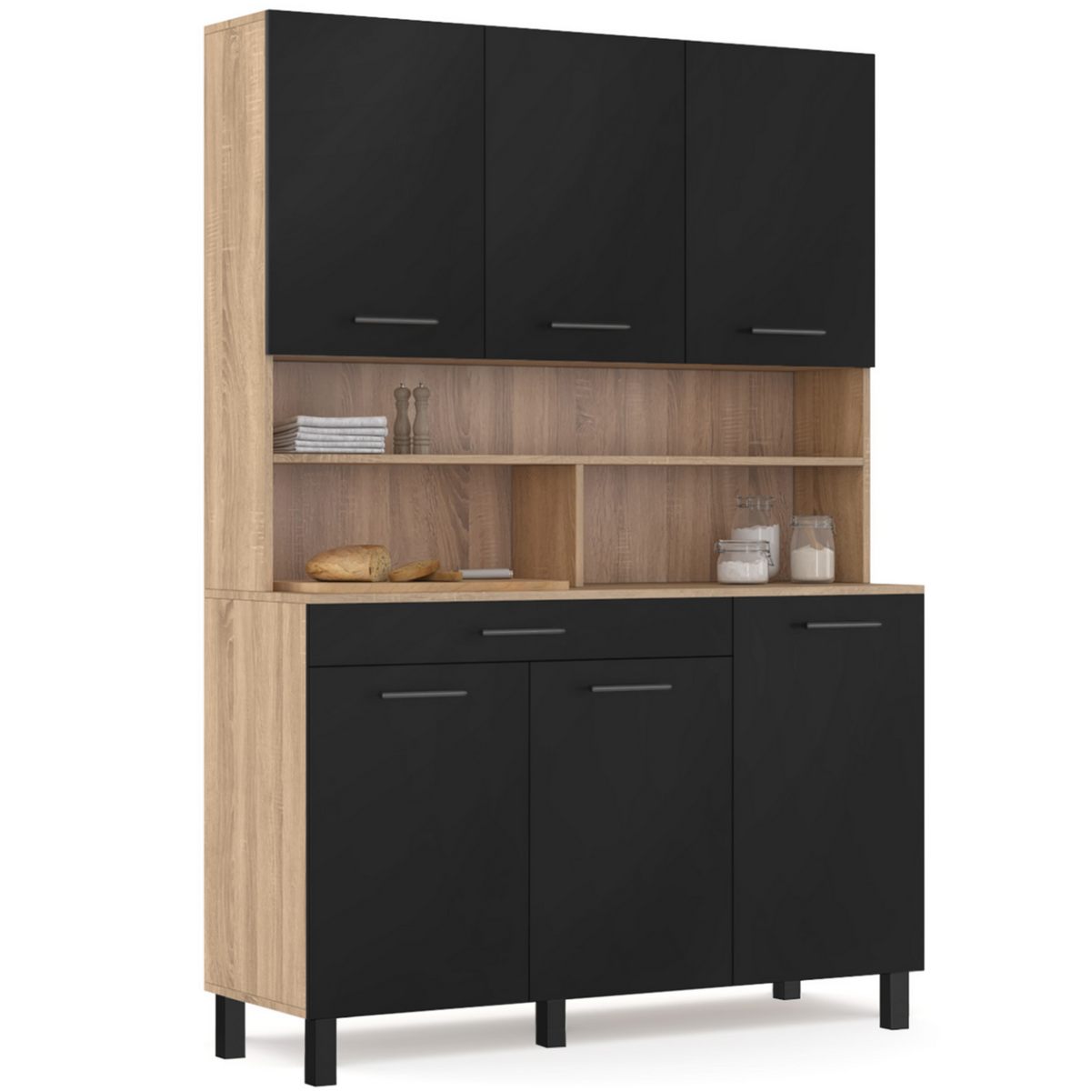 ID MARKET Buffet de cuisine 120 CM CINA 6 portes + tiroir façon hêtre et noir