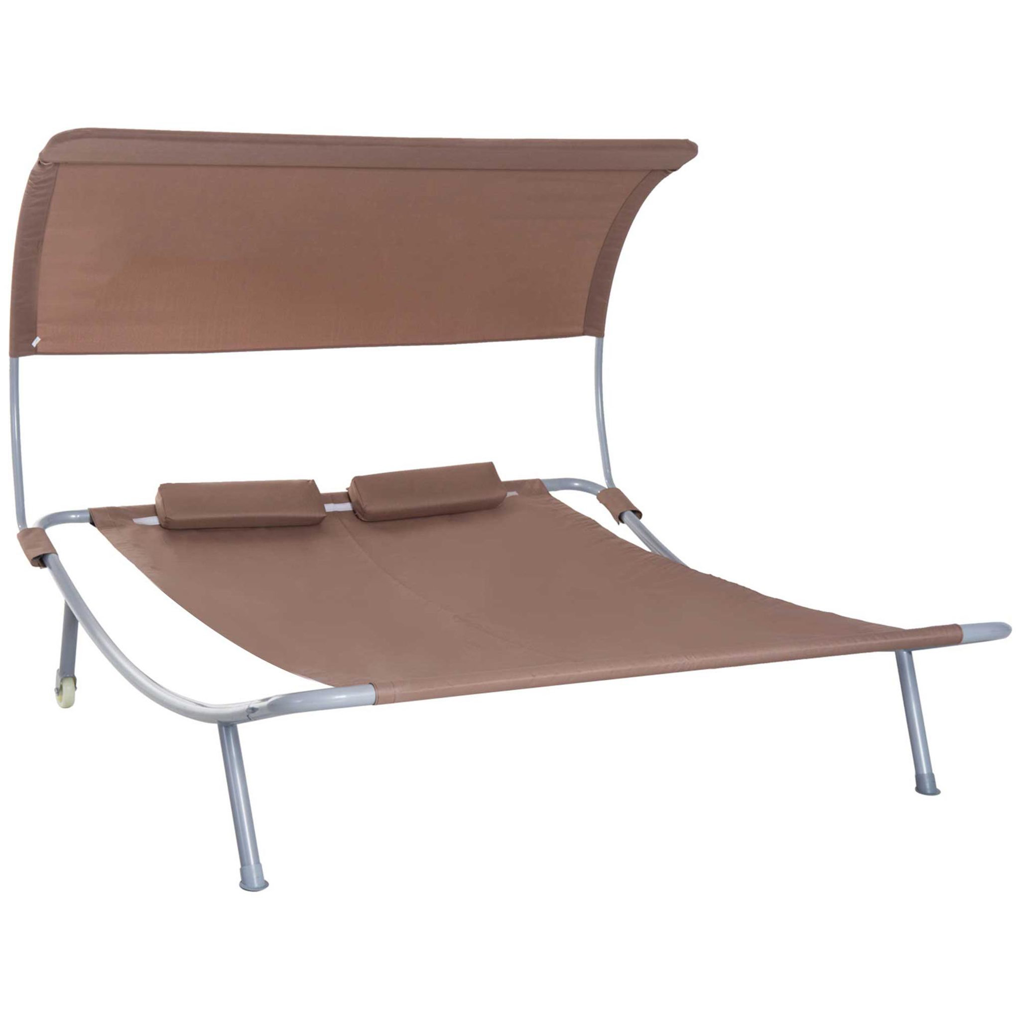 Voir la diapositive 1 : OUTSUNNY Bain de soleil 2 places lit de jardin design contemporain toit réglable 2 roulettes 2 oreillers acier époxy polyester marron