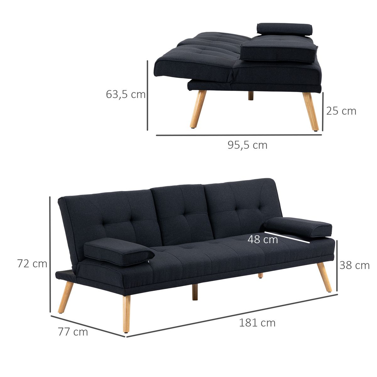 HOMCOM Canapé convertible 3 places design scandinave inclinaison dossier réglable 3 niveaux dossier centrale rabattable 2 porte-verres bois peuplier polyester anthracite