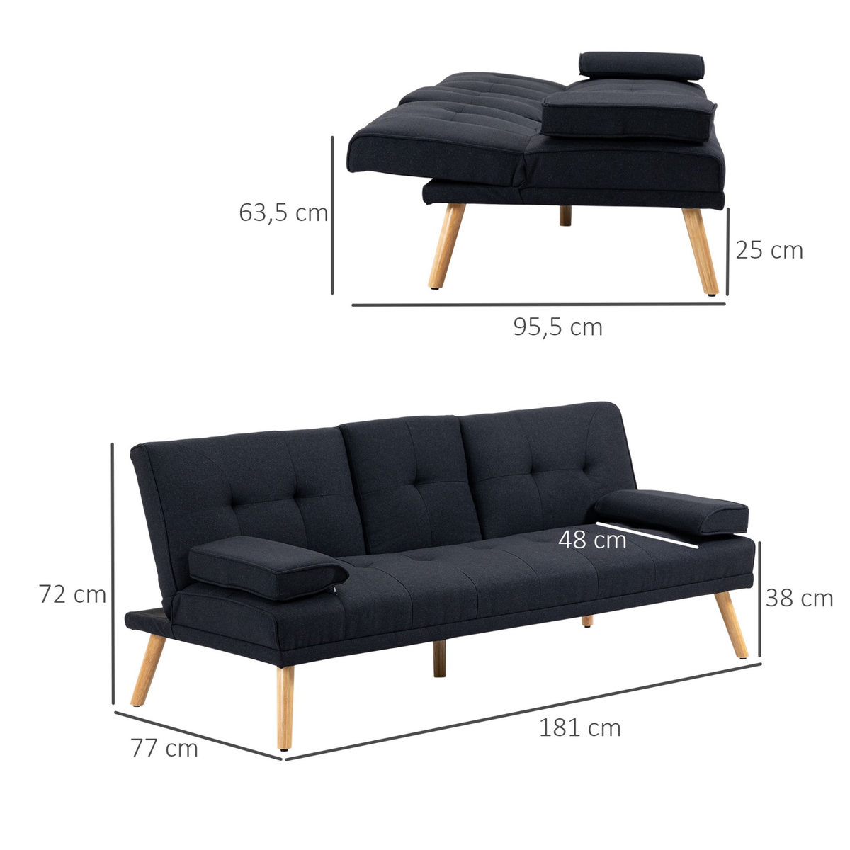HOMCOM Canapé convertible 3 places design scandinave inclinaison dossier réglable 3 niveaux dossier centrale rabattable 2 porte-verres bois peuplier polyester anthracite