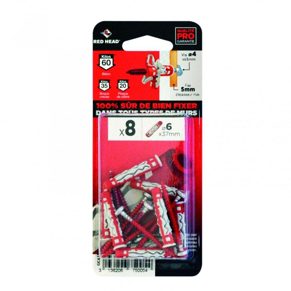 RED HEAD Lot de 8 chevilles et vis couleur RED HEAD, Diam.6 mm x L.37 mm