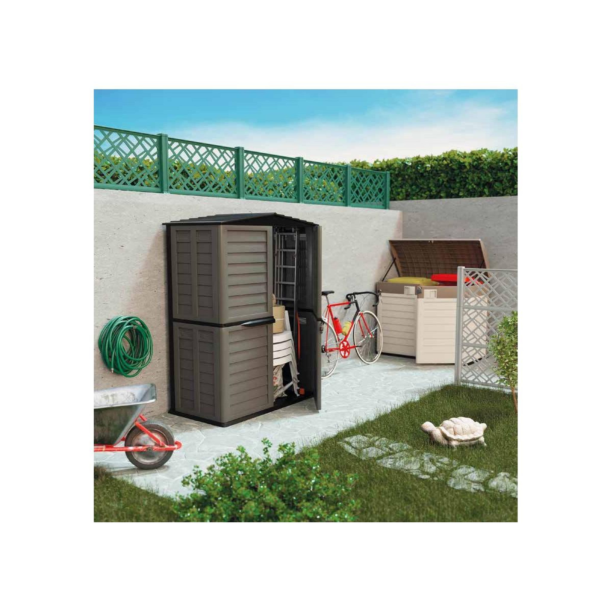 Voir la diapositive 6 : INTEC Coffre Rangement Poubelle 1500L - Cache Poubelle de Tri Polypropylène Ecru Taupe - Coffre de jardin Verrouillable par Cadenas