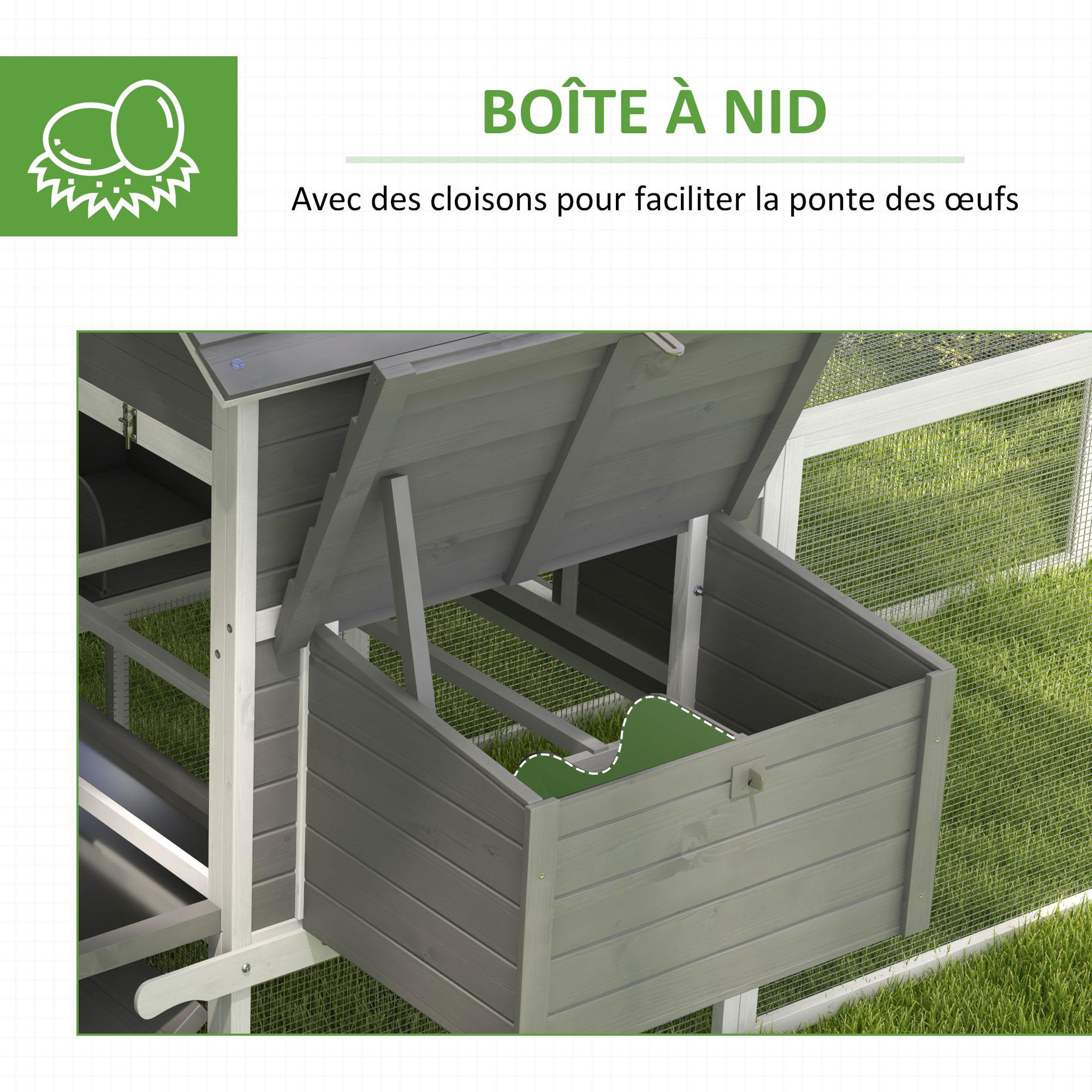 Voir la diapositive 6 : PAWHUT Poulailler cottage cage à poules sur pied dim. 310L x 149l x 149H cm multi-équipement bois sapin gris