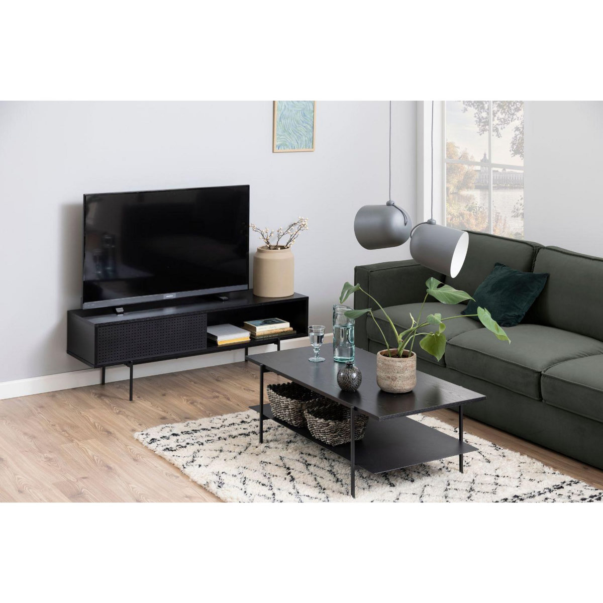 CONCEPT USINE Meuble TV noir avec porte coulissante et 1 niche JUPITER