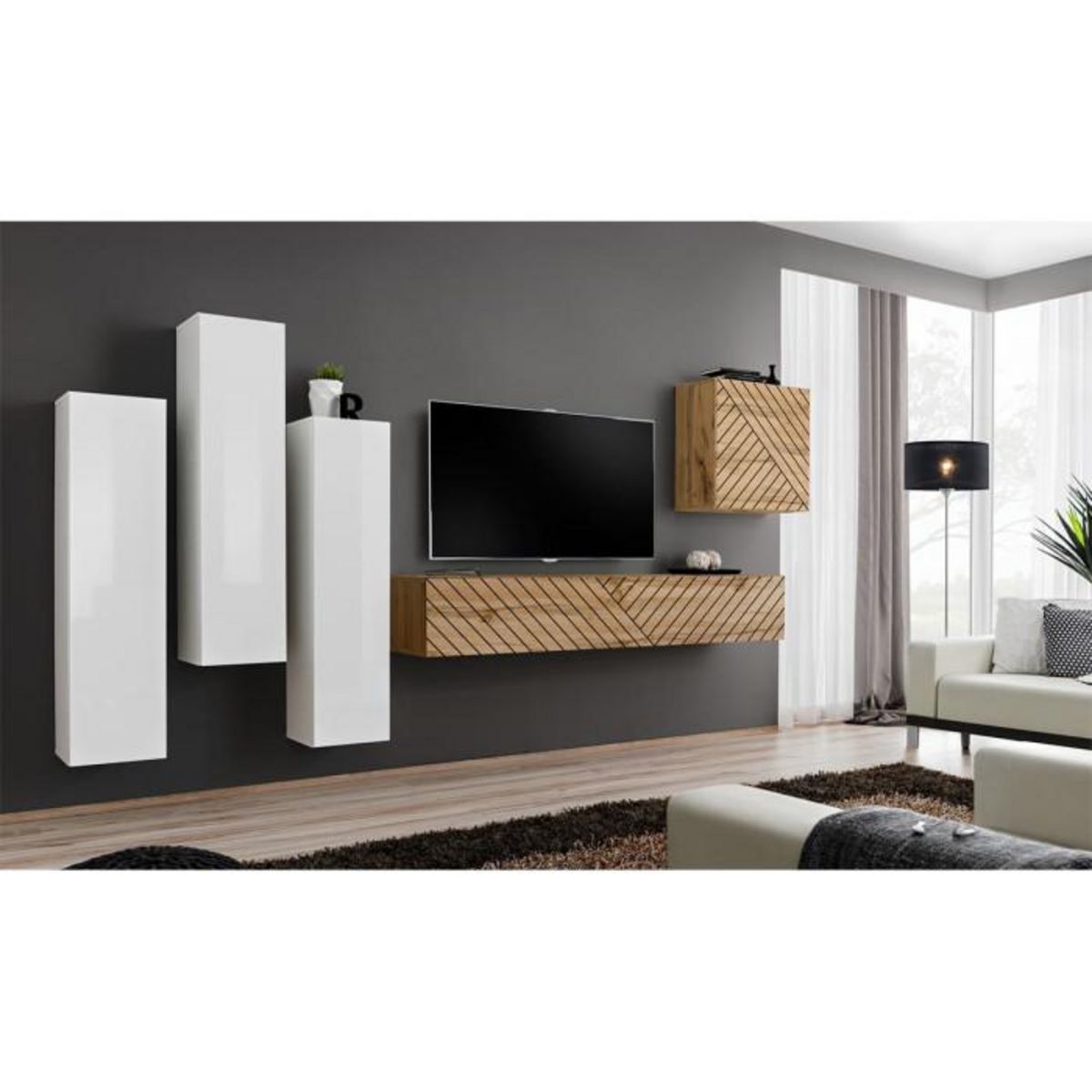 Paris Prix Ensemble Meuble TV  Switch Lamel III  330cm Naturel & Blanc