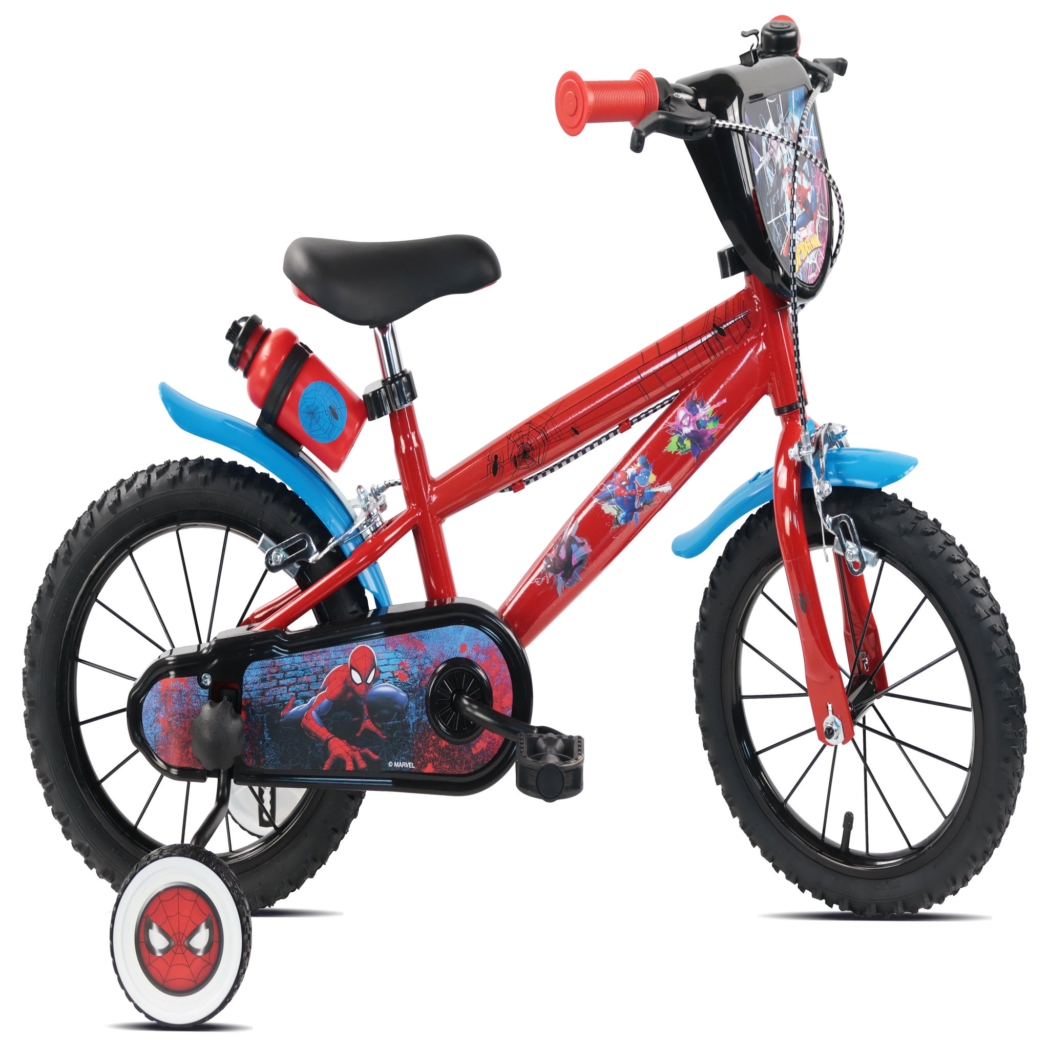 Spiderman Vélo enfant 14'' SPIDERMAN (90 à 105cm) avec 2 freins, plaque avant décorative , bidon arrière, stabilisateurs & pneus gonflables.