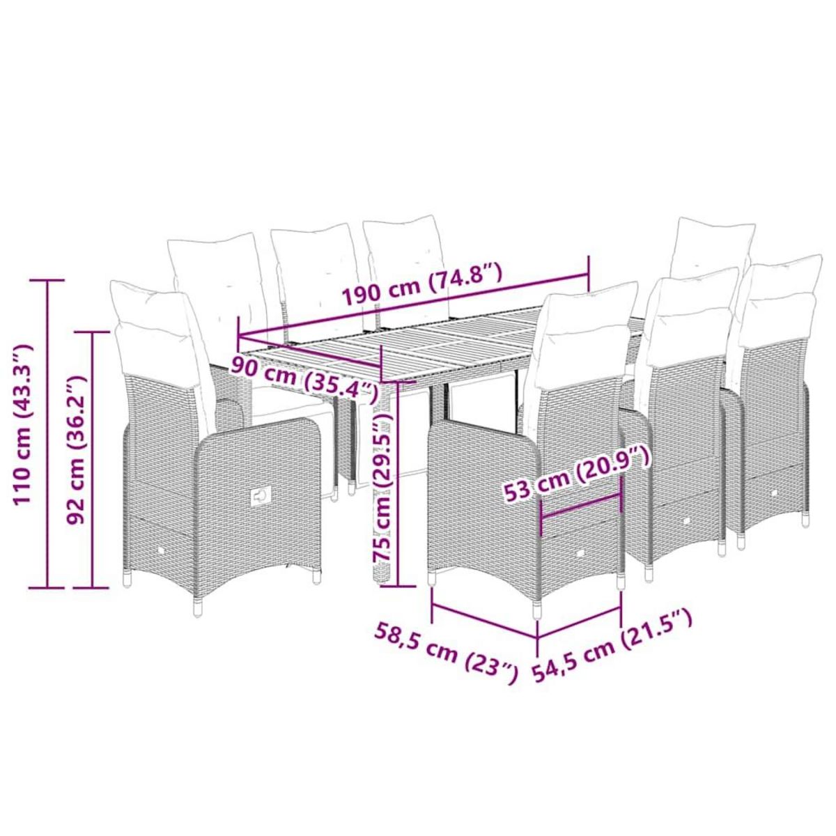 VIDAXL Ensemble de bistro de jardin 9 pcs coussins noir poly rotin