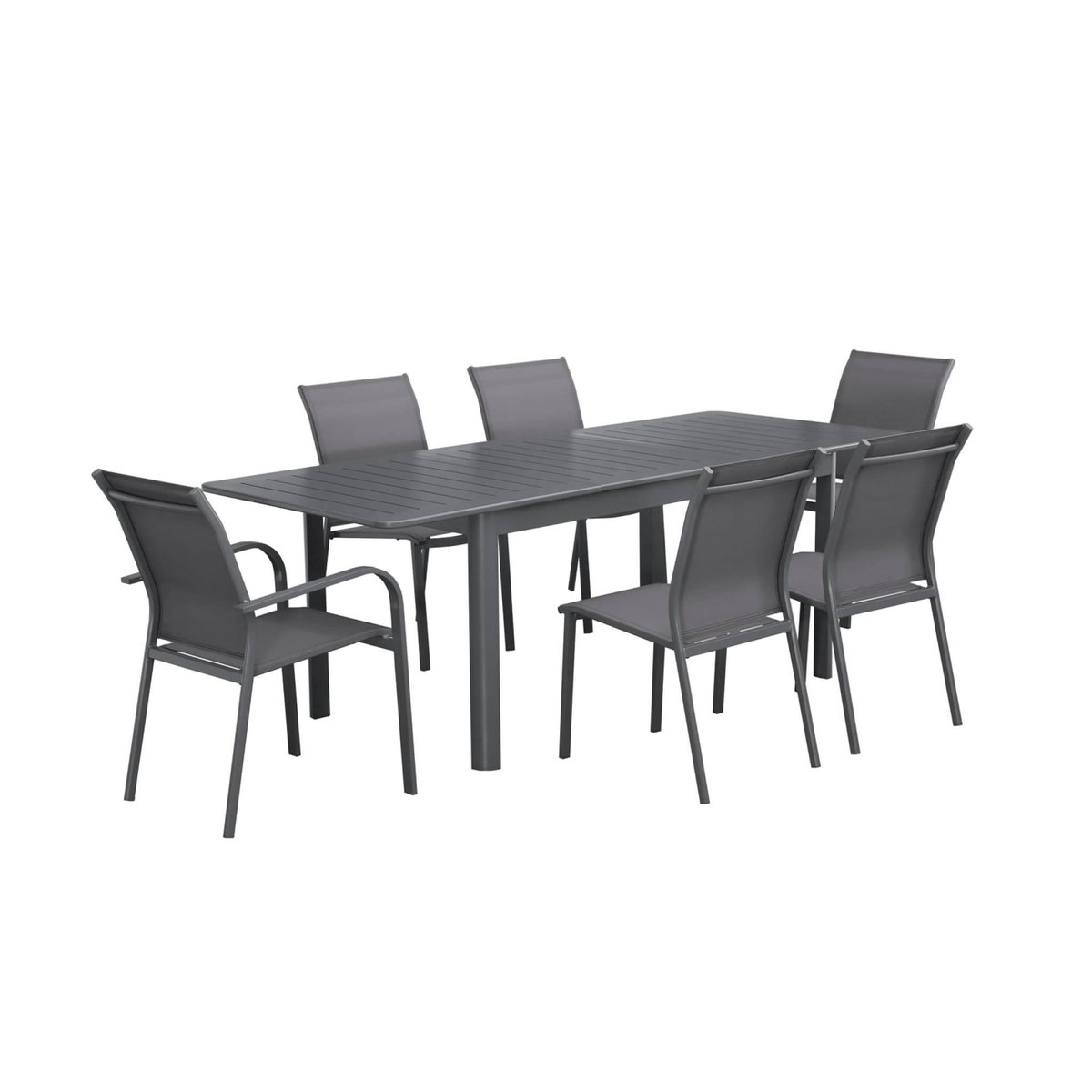 SWEEEK Table de jardin extensible aluminium + 6 assises anthracite. 4 chaises. 2 fauteuils. 6 places. textilène