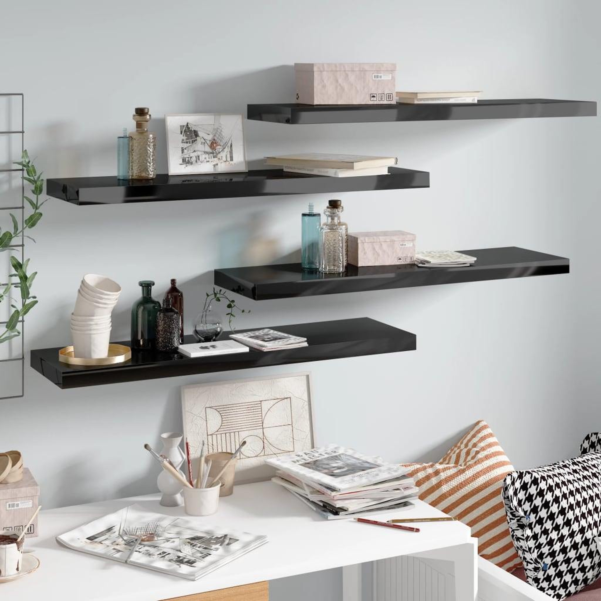 Voir la diapositive 1 : VIDAXL Etagere murale flottante 4 pcs Noir brillant 90x23,5x3,8 cm MDF