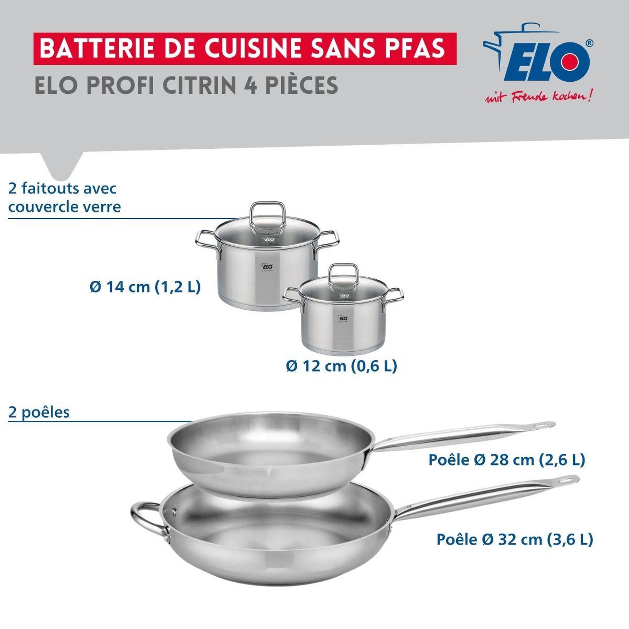 Voir la diapositive 2 : ELO Ensemble de 2 poêles de cuisson 28 et 32 cm et 2 faitouts 12 et 14 cm elo profi citrin
