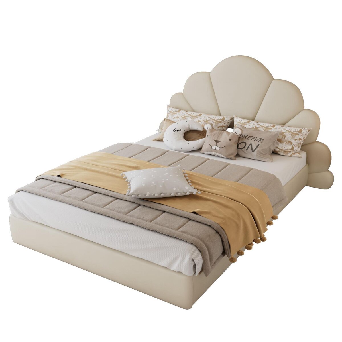 MERAX Lit 2 places rembourré 140x200cm velours coloris beige