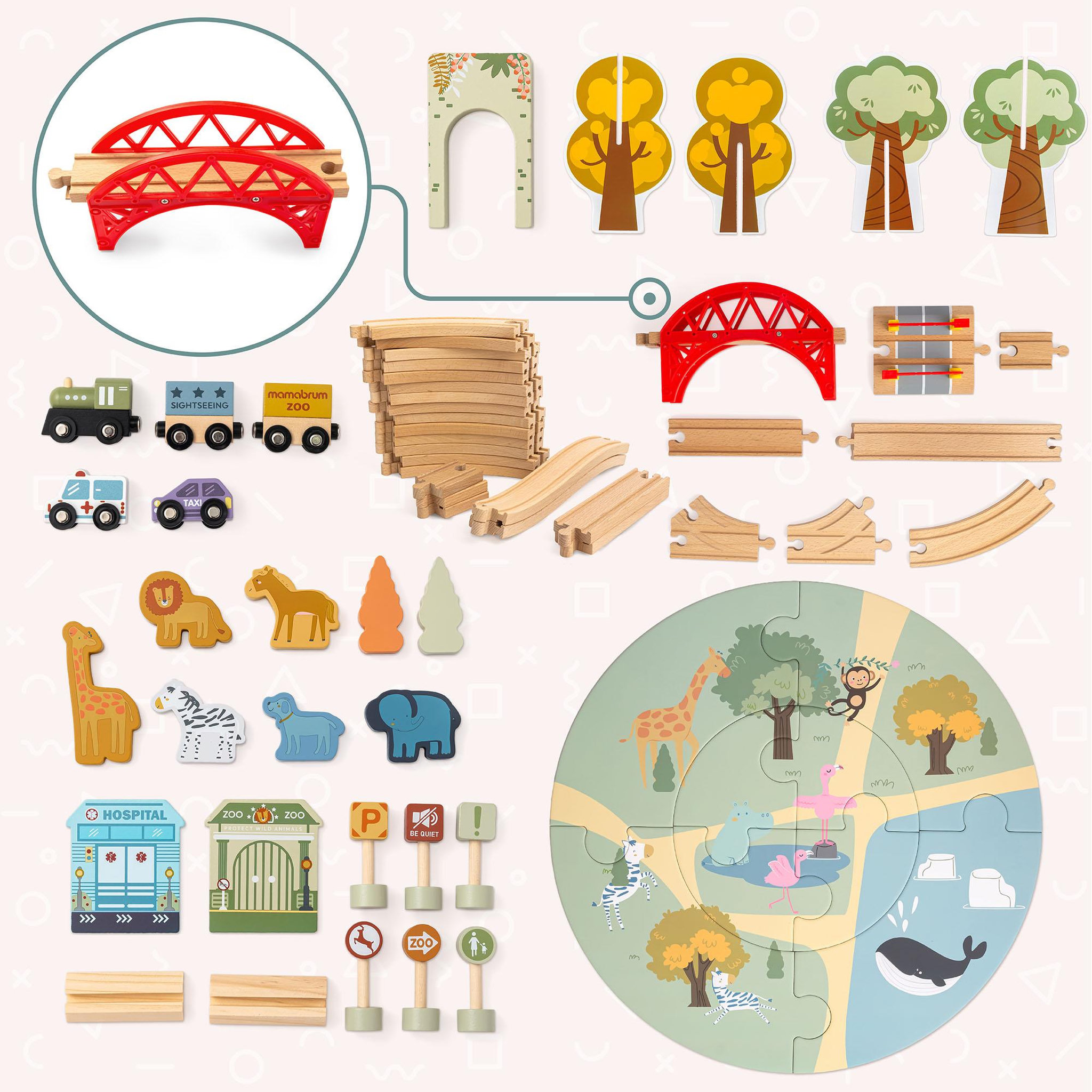 Voir la diapositive 5 : MAMABRUM Circuit Train Bois Enfant Mamabrum Rail Zoo Safari Puzzle 106x55 cm Jouet 3 Ans