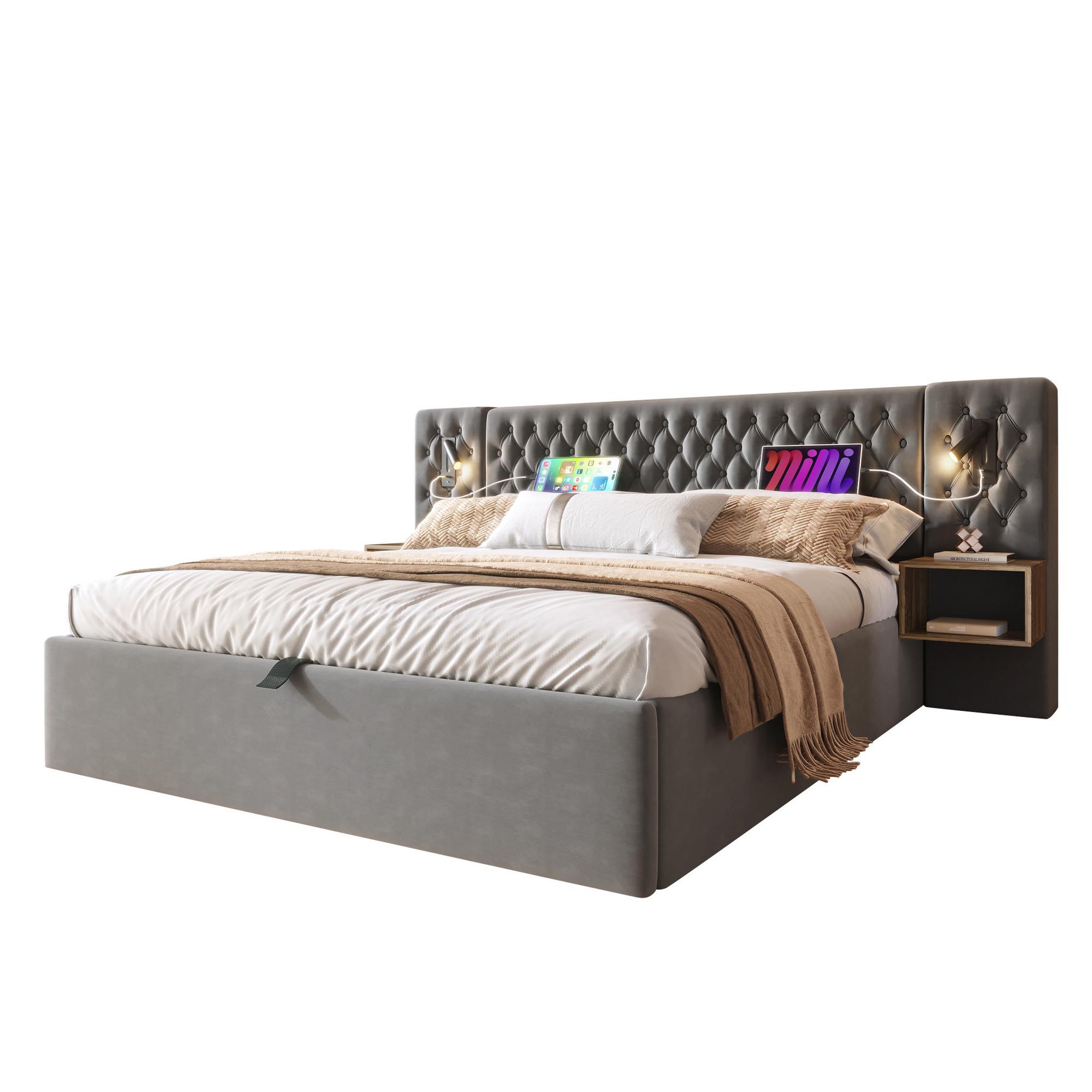 Voir la diapositive 1 : MERAX Lit coffre velours avec 2 chevets, liseuses led usb et tête de lit