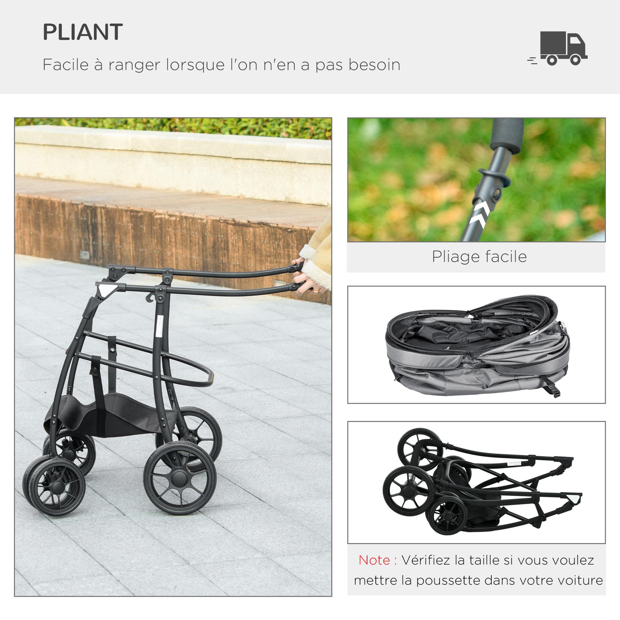 Voir la diapositive 5 : PAWHUT Poussette pour chien pliable nacelle 2 en 1 - poignée, housse zippée, pochette - acier oxford gris